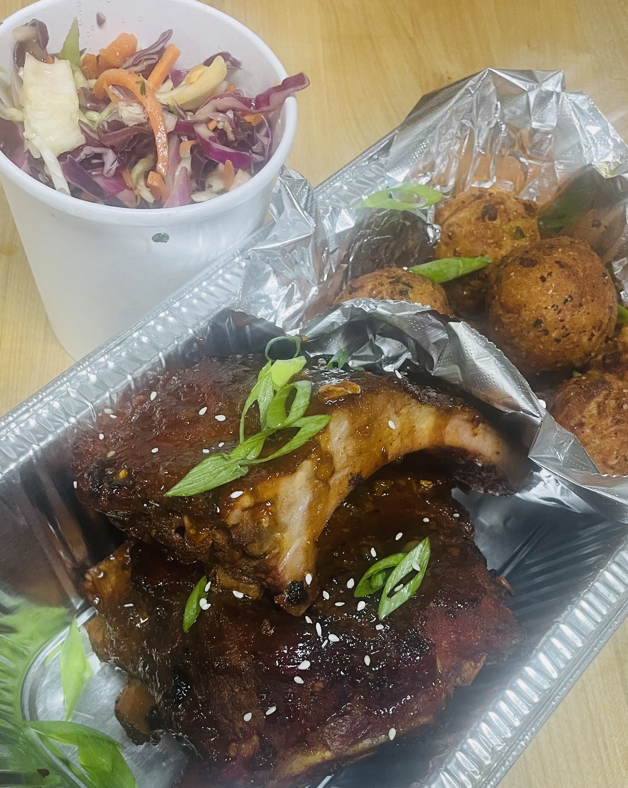 KoreaBBQ Pork Ribs, Kimchi Stuff Hushpuppies and Slaw
