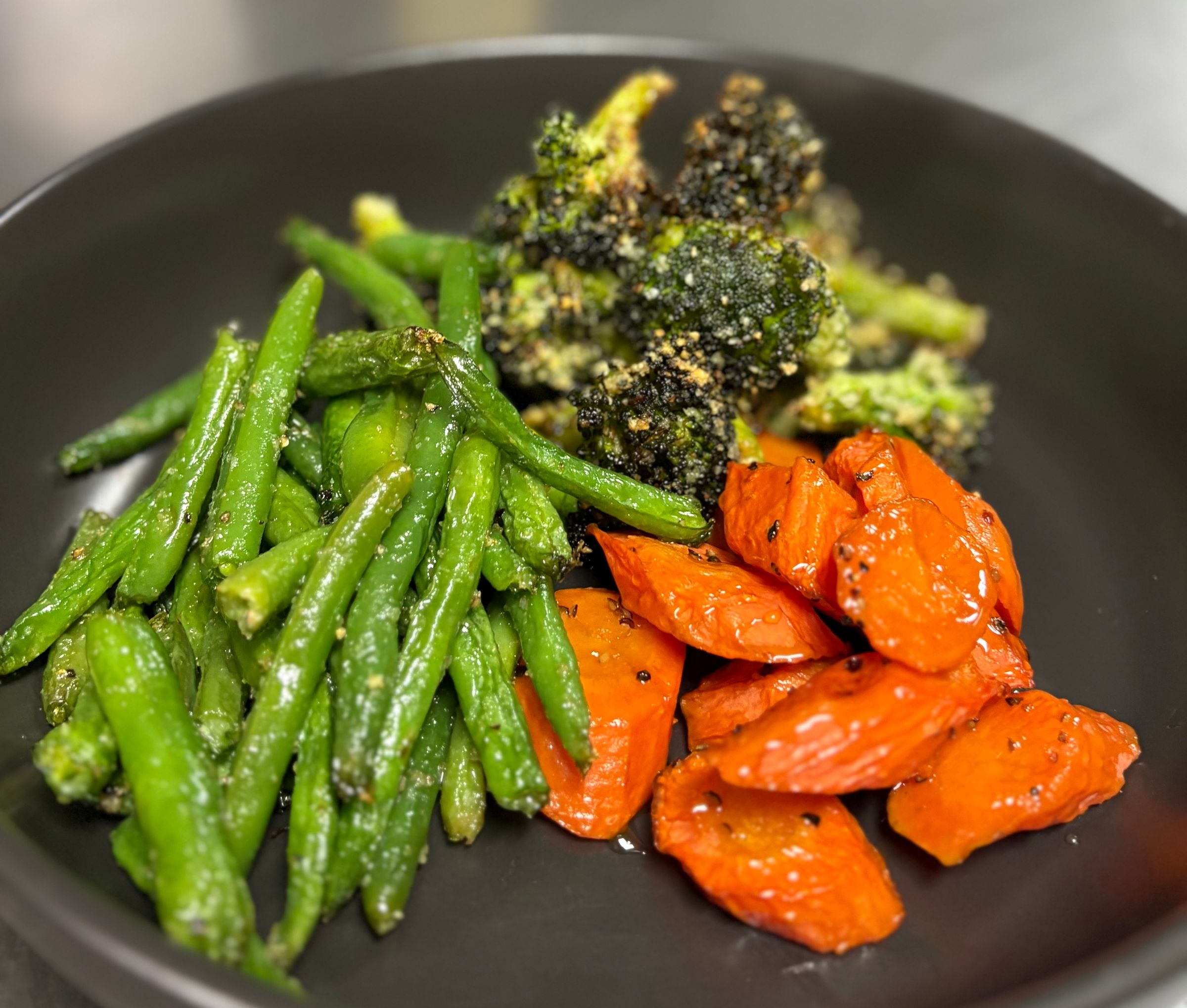 Fresh Green Beans, Roasted Sweet Carrots, Parmesan Broccoli