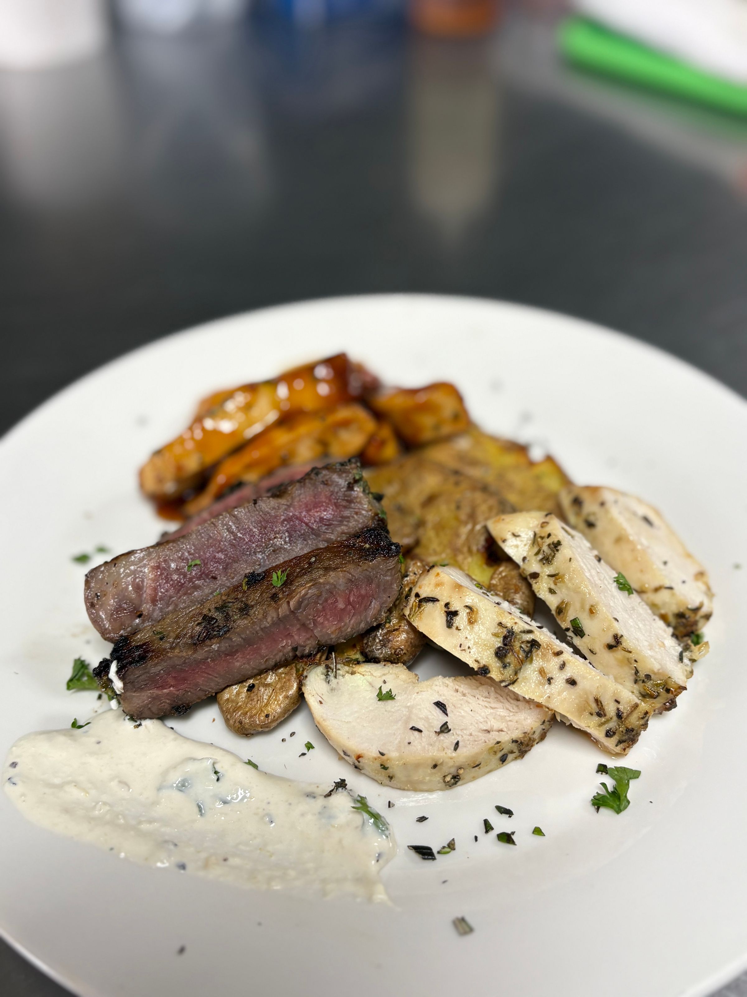 Smashed Fingerling Potatoes, Teriyaki Chicken, Herb Marinated Chicken, Garlic & Herb Striploin