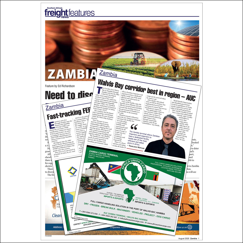 T MOYLAN WRITTEN PIECE FOR FTW PROMOTING THE WALVIS BAY CORRIDOR TO ZAMBIA VIA THE PORT OF WALVIS BAY AND ZAMBIA TERMINAL AND ADVERT DESIGN FOR AUC