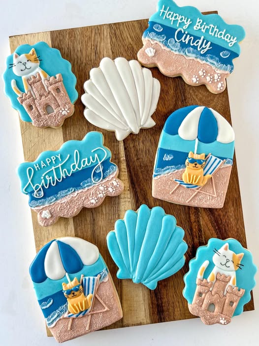 Custom Cat Birthday Beach Sugar Cookies