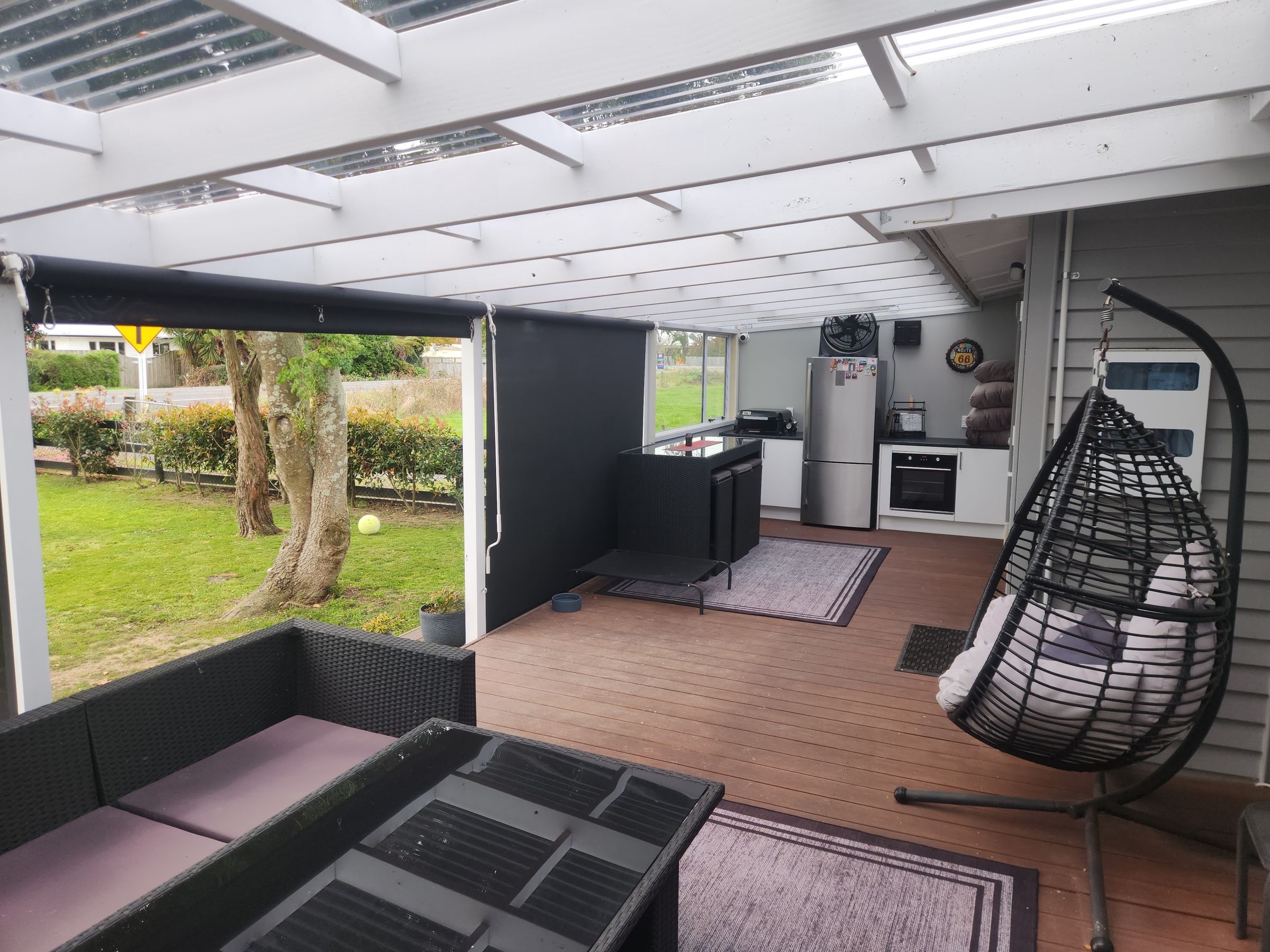 Inside, features area for bbq fridge and oven, finished off with surround sound