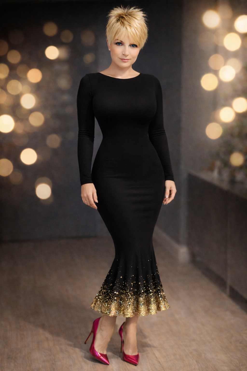 Stretchy slimming Black Evening Dress with Gold sparkles.