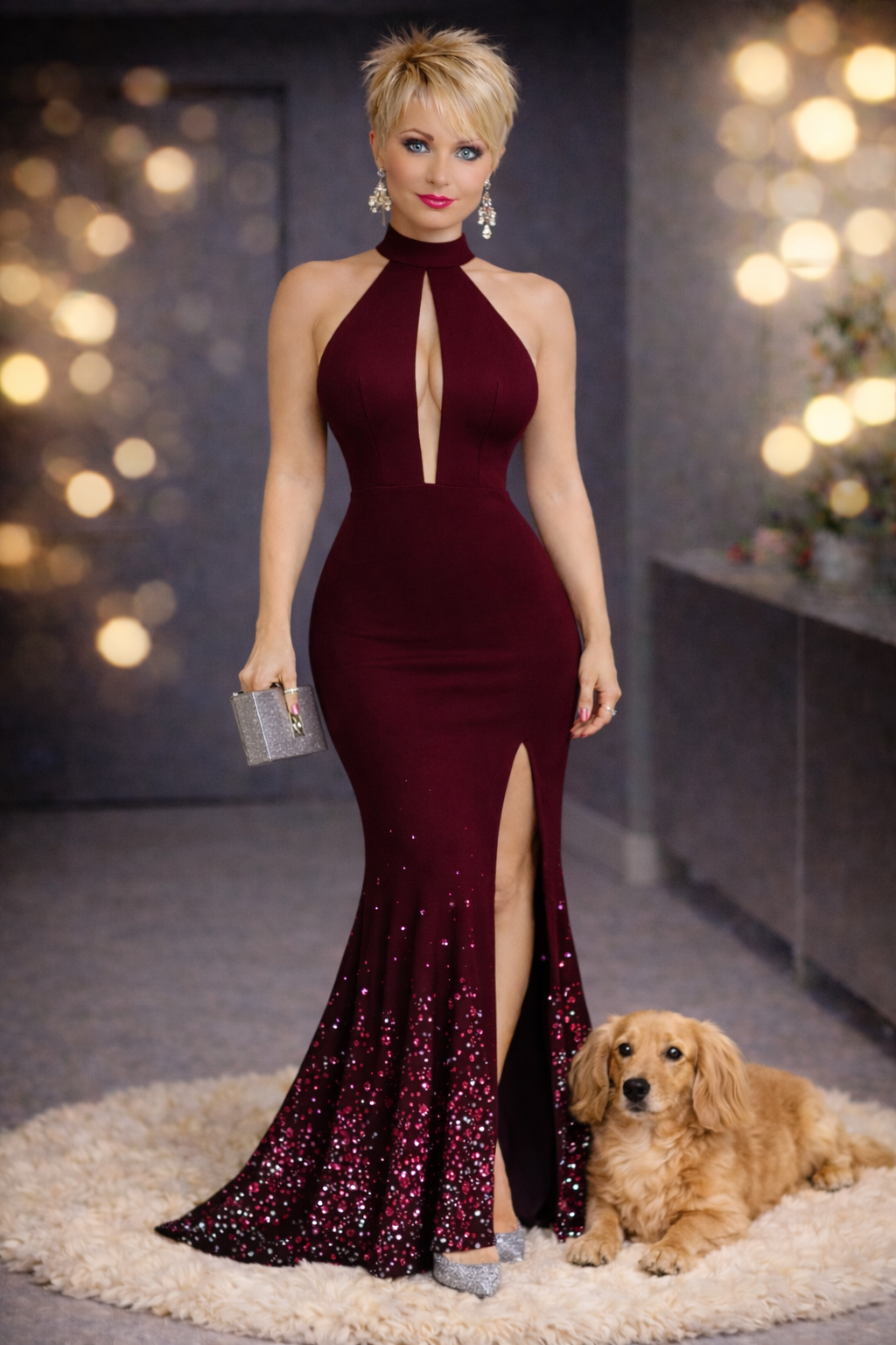 Claret stretchy Evening Dress with sparkling Diamantes