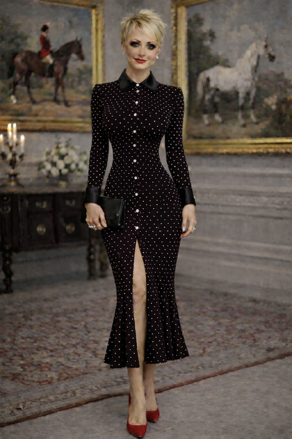 Polka Shirt Dress/Black Collar/cuff