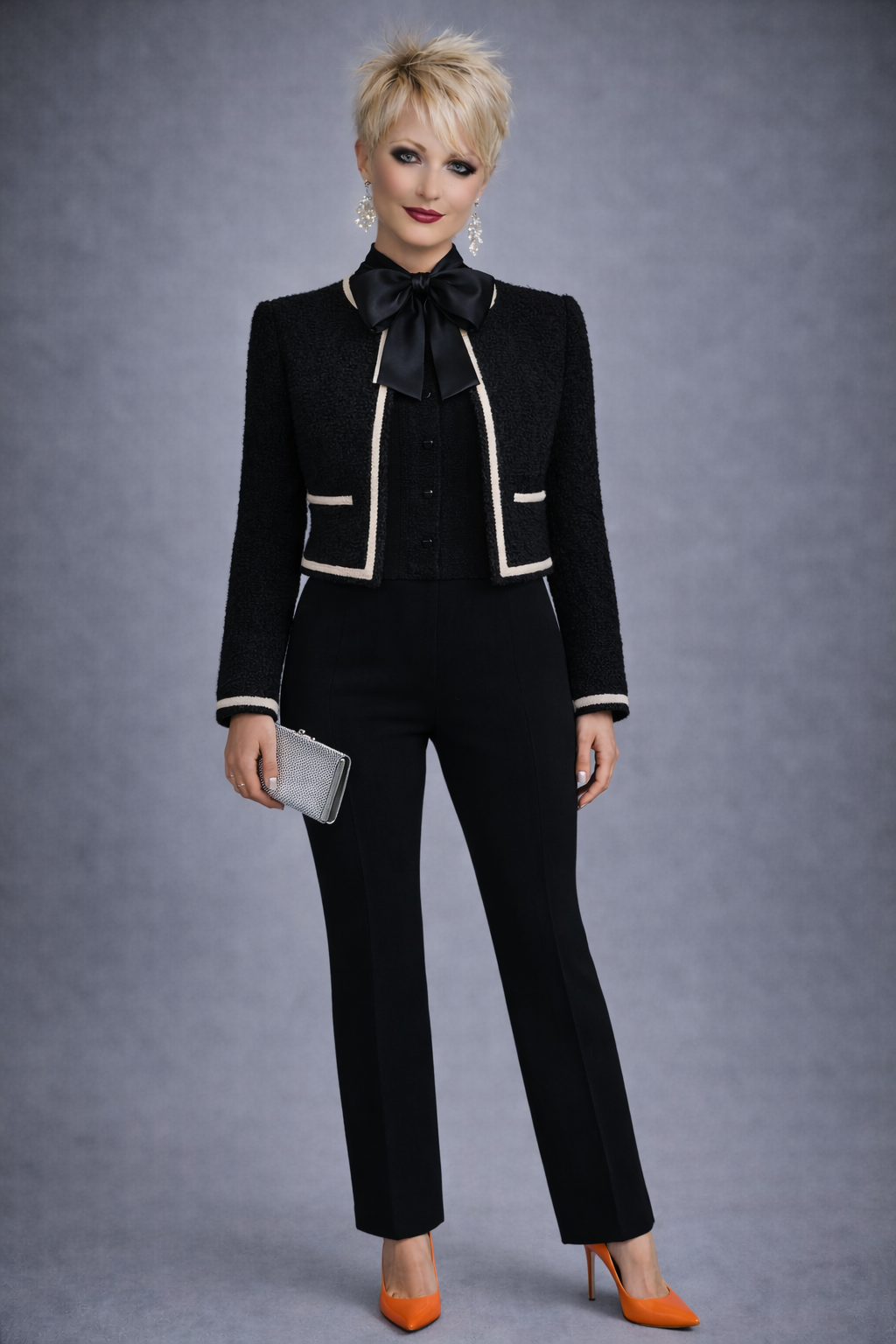 Wool chic short jacket with Satin Pussy Bow Tie / Black Trouser