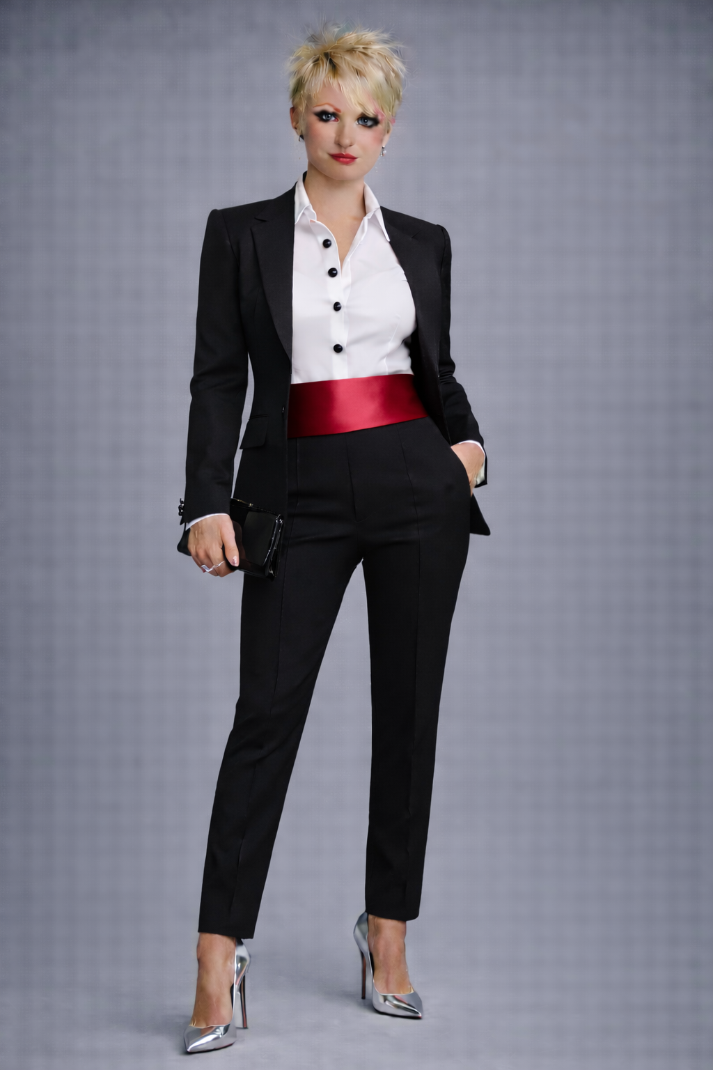 Black 80% Wool Trousers Suit with crisp white shirt (black buttons) Red C/band