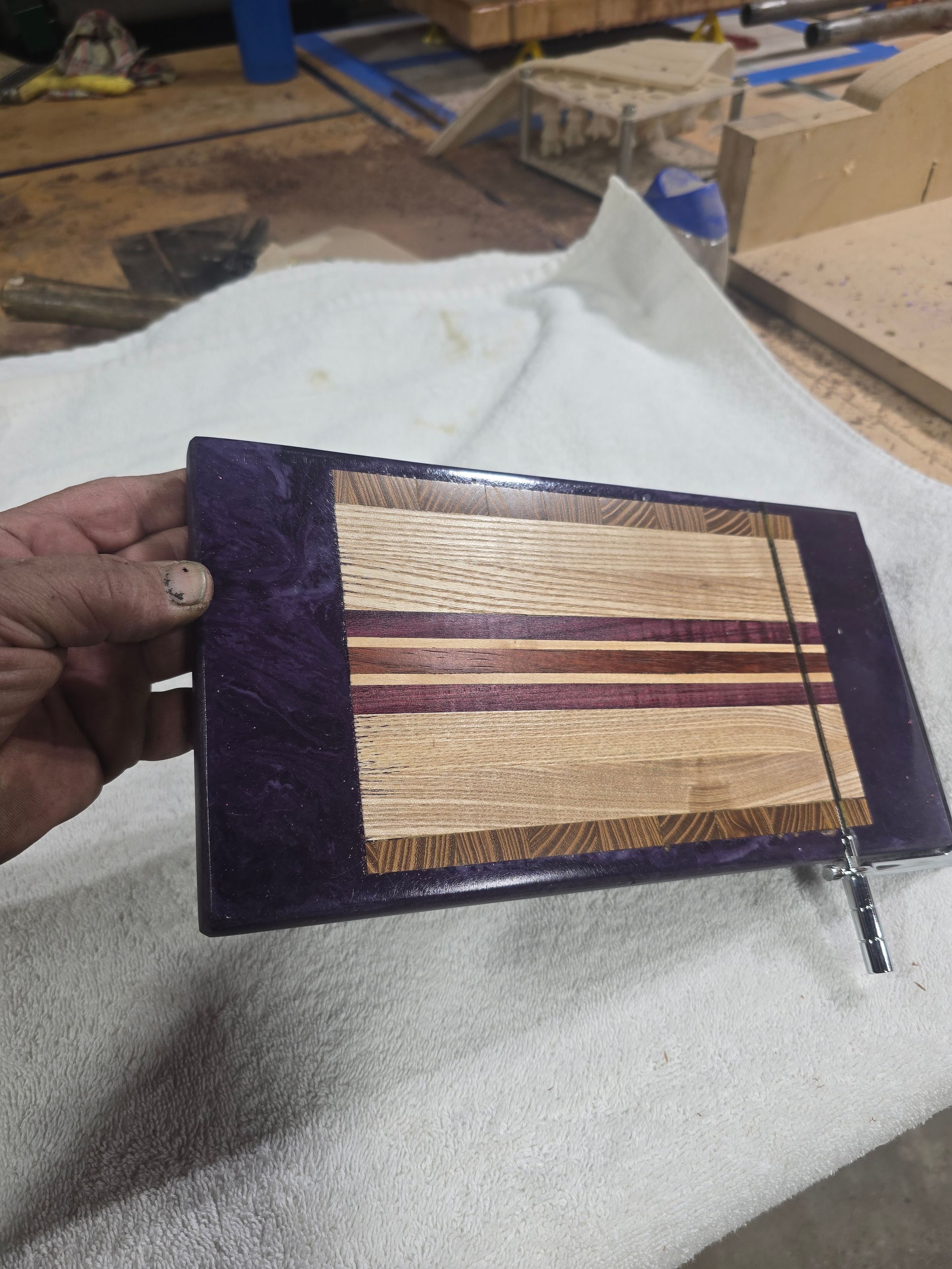 Epoxy cheese cutter 25.00 with walnut,bloodwood,purpleheart, and white limba insert