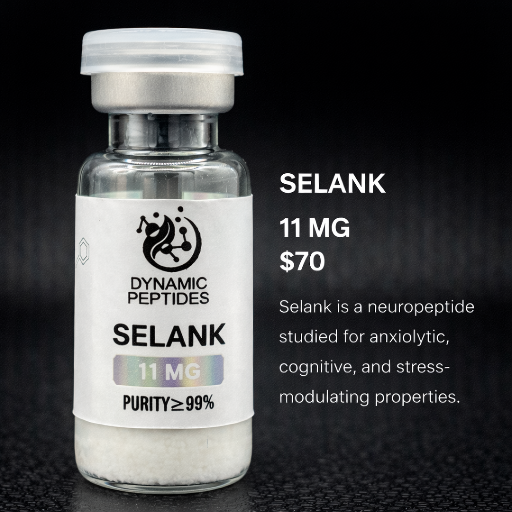 Selank is a synthetic peptide studied in neurochemical and immunomodulatory research models. Scientific investigations have examined its peptide-receptor interactions and signaling properties in controlled laboratory settings. Not for human consumption.