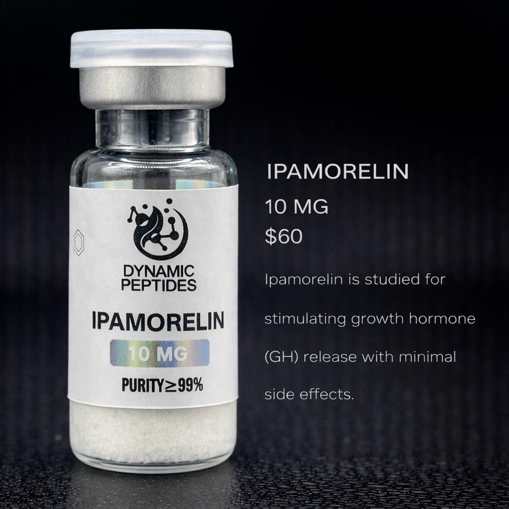 Ipamorelin is a synthetic peptide studied for its selective receptor interaction profile within growth hormone signaling research.Used in laboratory receptor studies and peptide signaling research. Supplied as a lyophilized powder at ≥99% purity.