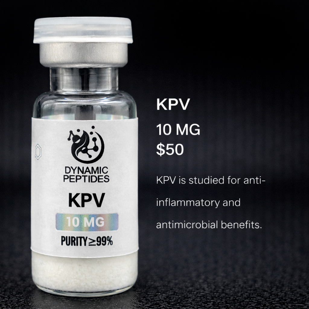 KPV is a tripeptide studied in inflammatory signaling and immune-response research. Scientific literature has explored its role in cytokine modulation and peptide-mediated cellular communication. Supplied at ≥99% purity for laboratory research purposes.