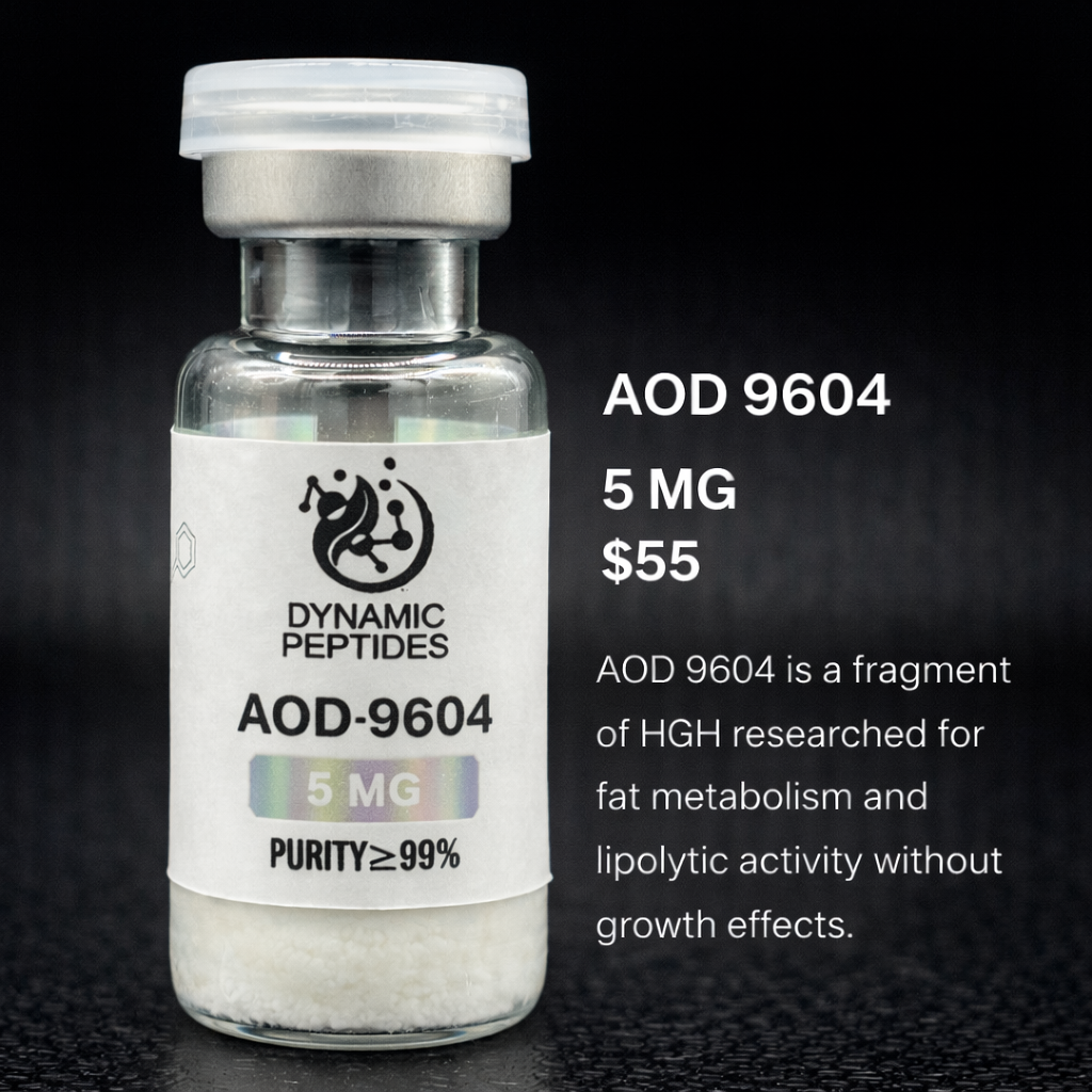 AOD-9604 is a synthetic peptide fragment derived from a specific region of human growth hormone and has been studied in research settings related to metabolic signaling and lipolytic pathway modeling. For laboratory research only.