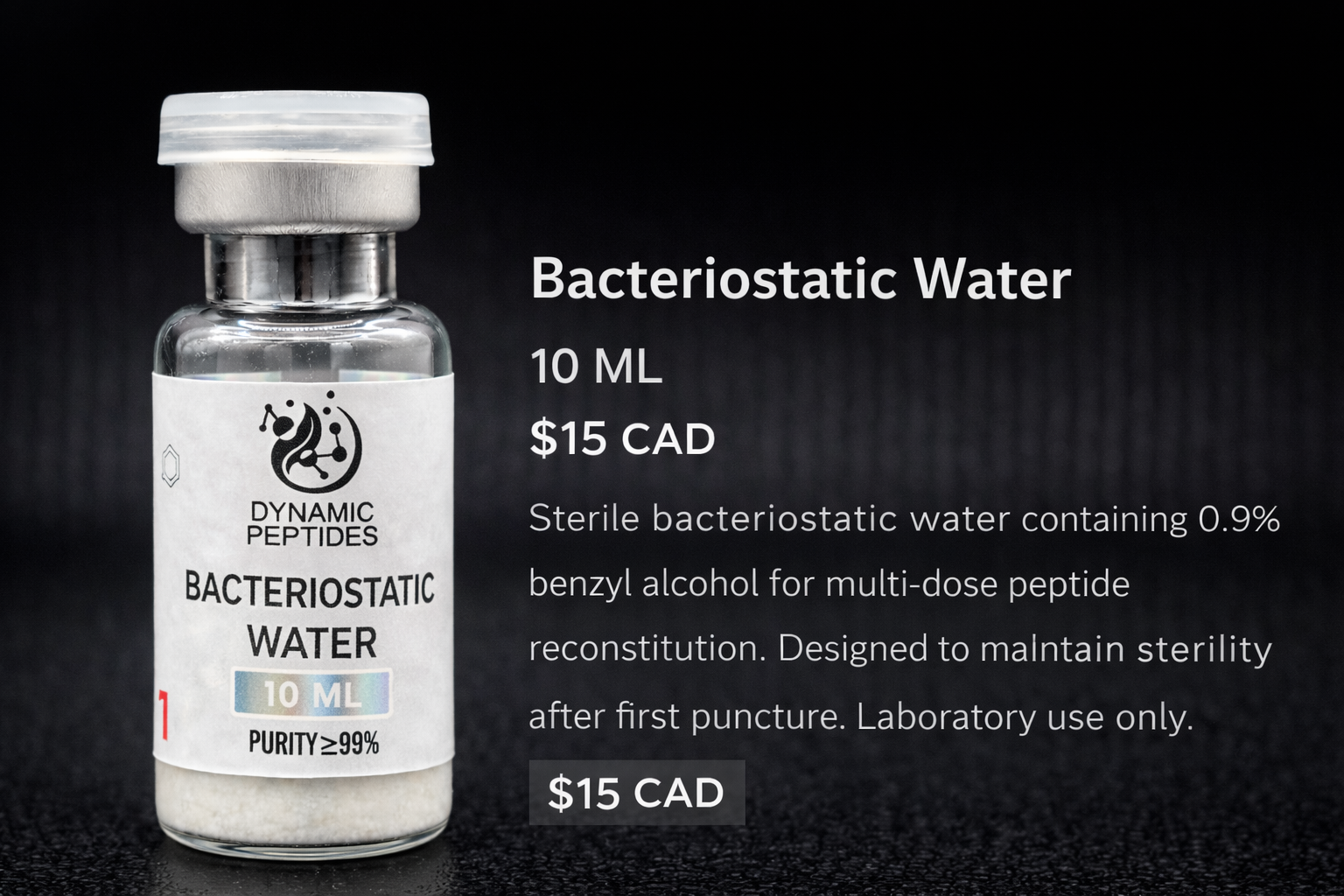 Sterile bacteriostatic water containing 0.9% benzyl alcohol for multi-dose peptide reconstitution. Designed to maintain sterility after first puncture. Laboratory use only.