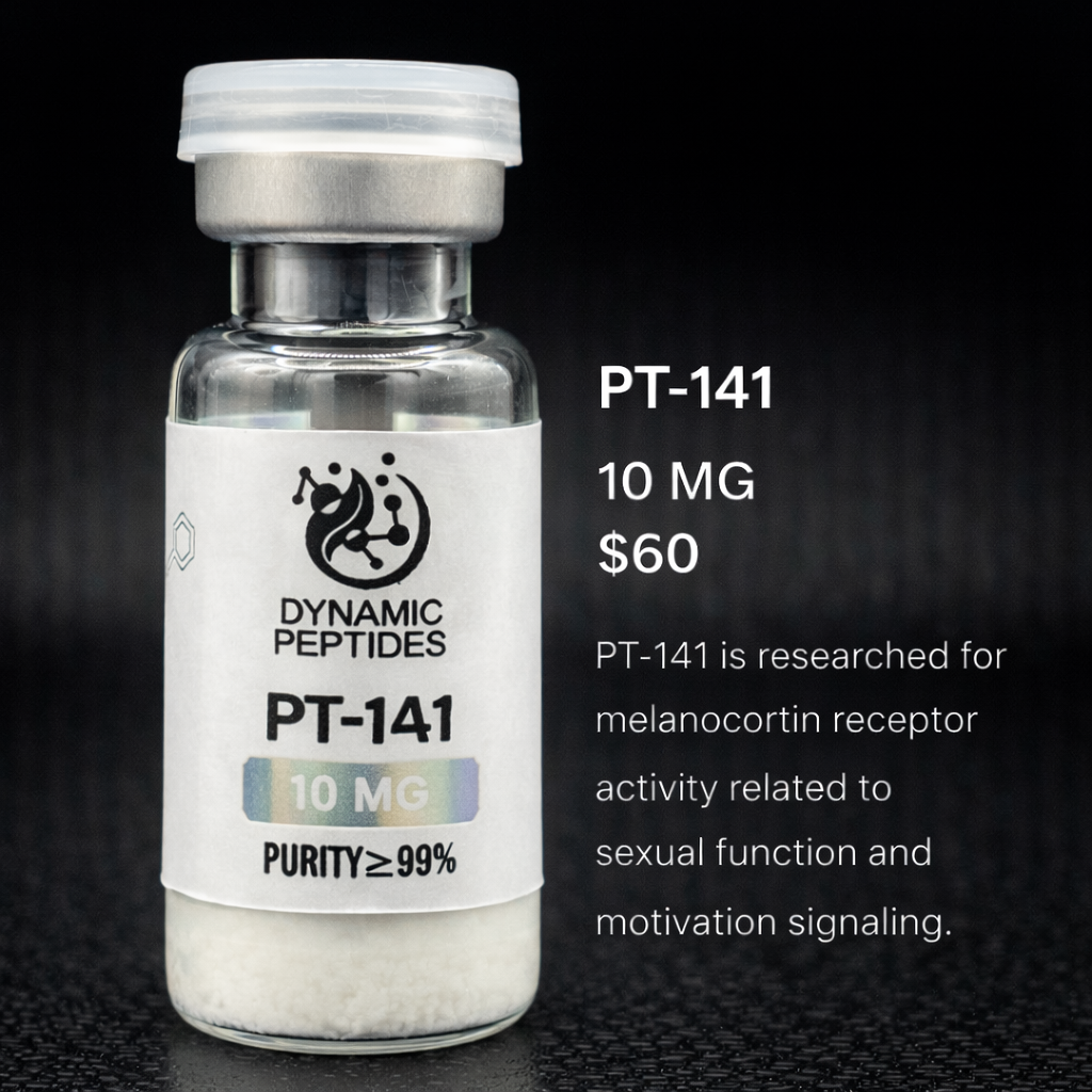 PT-141 is a synthetic peptide studied for its activity within melanocortin receptor research. Research applications include receptor signaling analysis and neuroendocrine pathway modeling. For laboratory research use only.