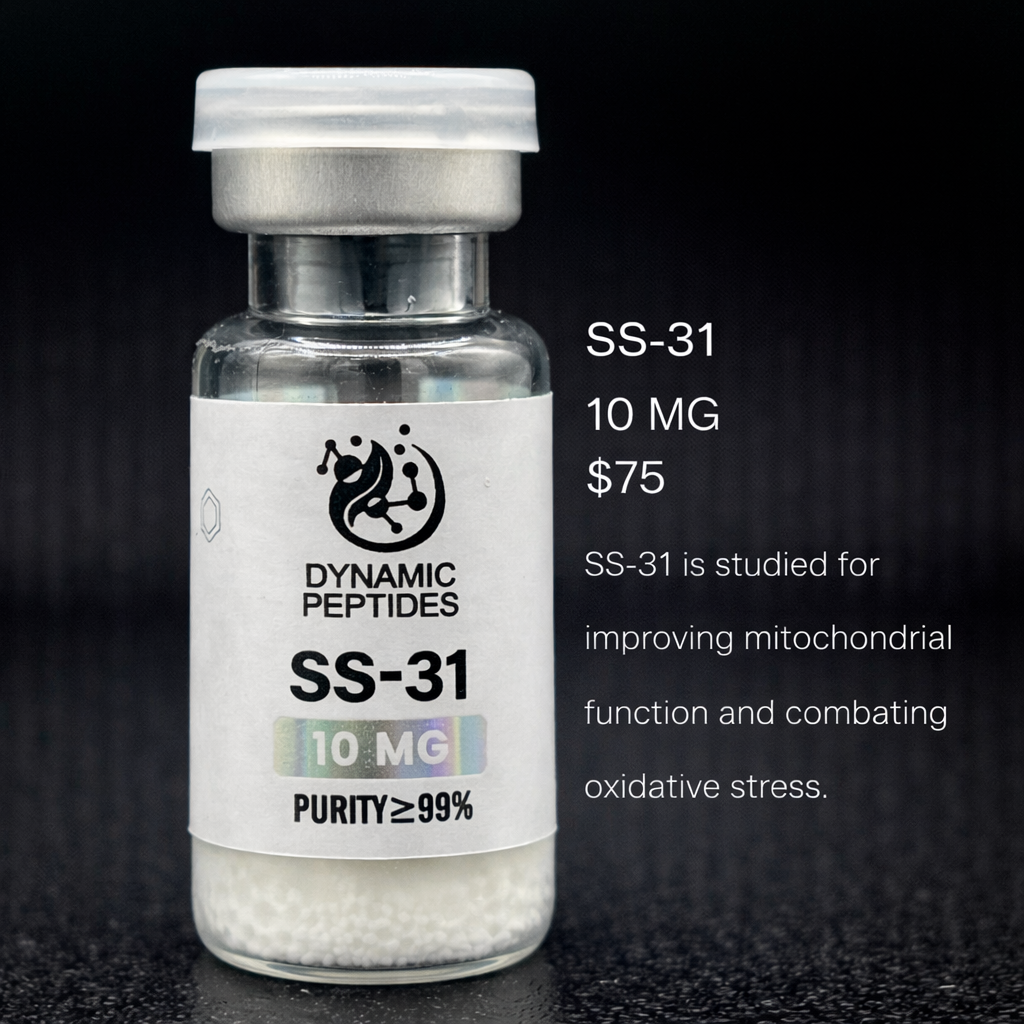 SS-31 is a mitochondrial-targeting peptide studied for its interaction with cardiolipin and mitochondrial membrane stability in laboratory models. Research interest includes cellular resilience and mitochondrial signaling pathways. For research purposes.