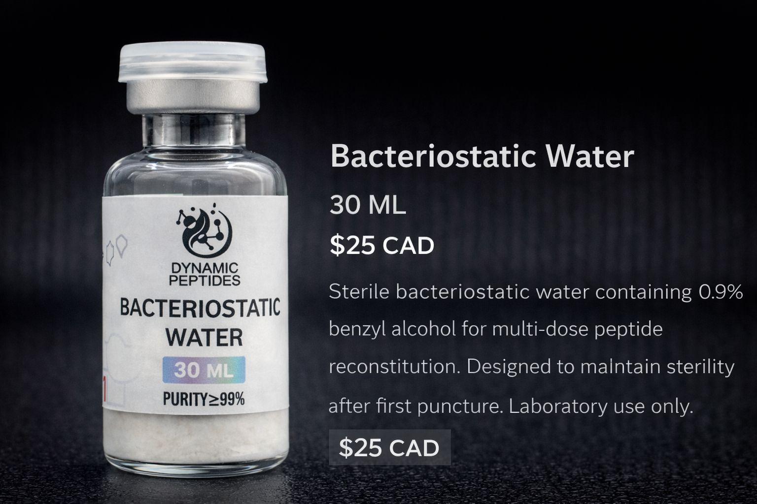 Sterile bacteriostatic water containing 0.9% benzyl alcohol for multi-dose peptide reconstitution. Designed to maintain sterility after first puncture. Laboratory use only.