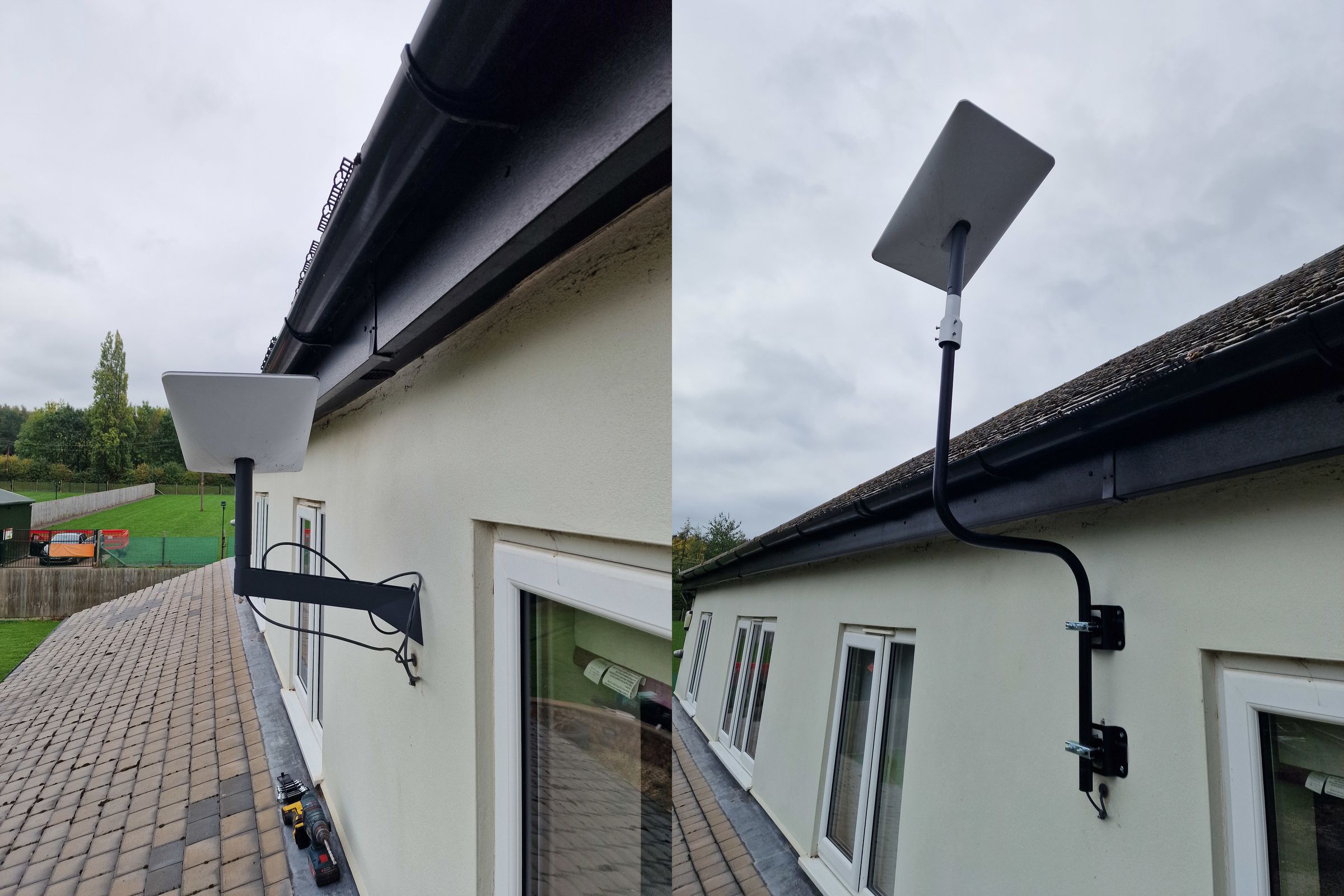 This Starlink bracket and mount was installed at a business which is reliant on the Starlink satellites to provide them with broadband, as they are unable to get a wired connection due to their remote location. The standard Starlink bracket wasn't long enough and the pitched roof was providing an obstruction meaning their connection was dropping out regularly. This new bracket and Starlink mount has taken the dish above the roof and improved the broadband stability massively, meaning the business can now operate efficiently. 