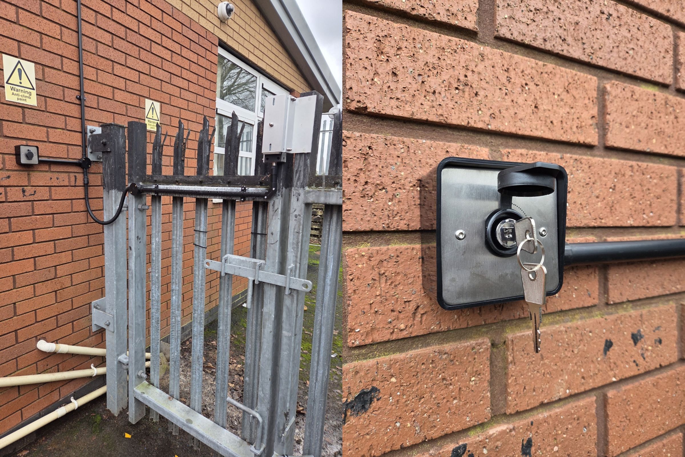 This maglock has been fitted with a keyswitch which allows you to release the power to the maglock to gain access through it. This particular gate has been wired to a fire alarm relay allowing the gate to release when the fire alarm goes off. It is an alternative to modern forms of access control and a more conventional way of allowing certain keyholders through a specific area.