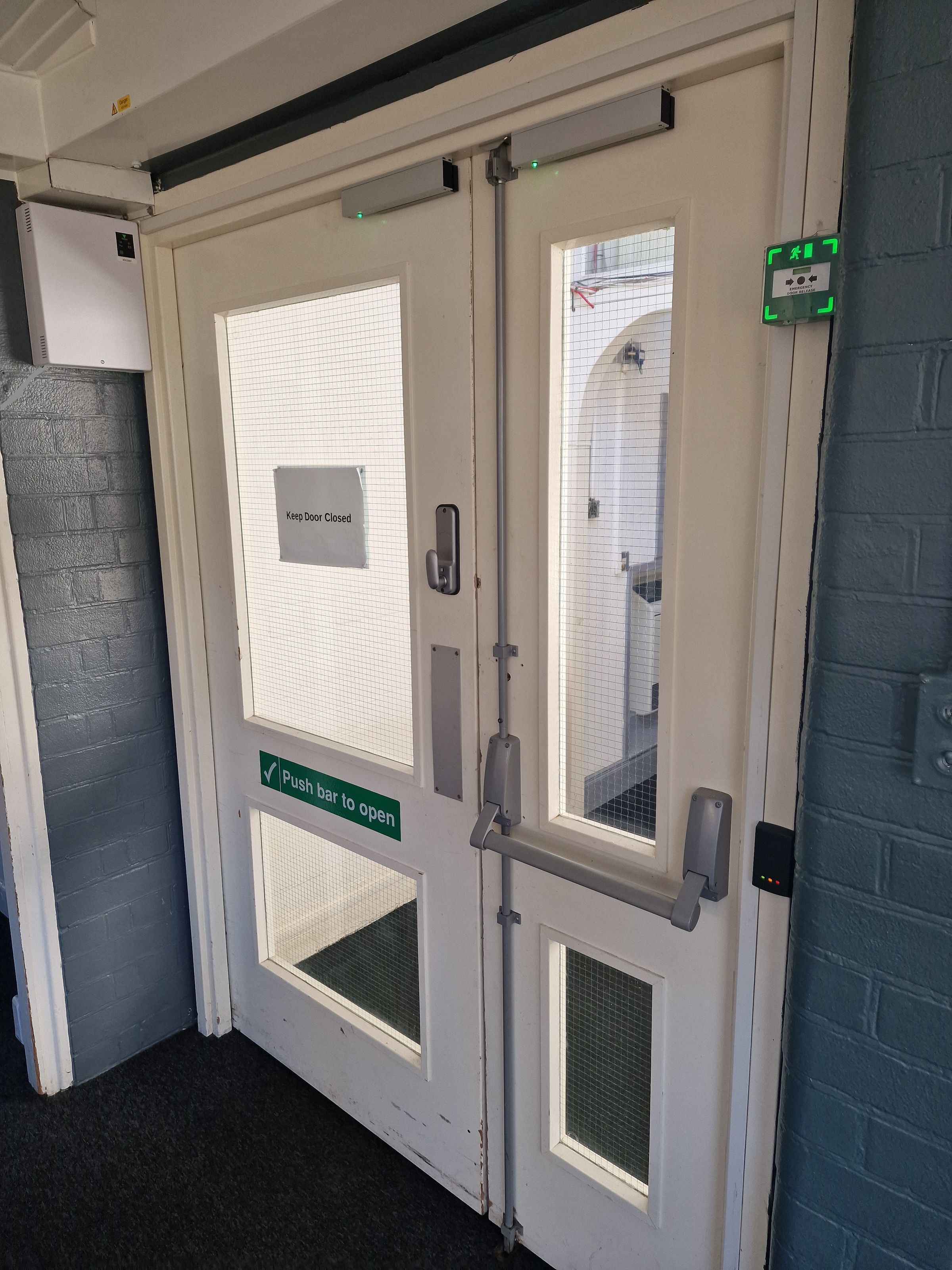 Paxton has been installed on these double doors at a school, along with an additional 7 doors across the site. This particular door has a read in/out scenario allowing access through the doors via a fob only. The school caretaker can now see exactly who is fobbing through this set of doors and at what time, meaning he has full visibility of when staff are arriving and leaving.