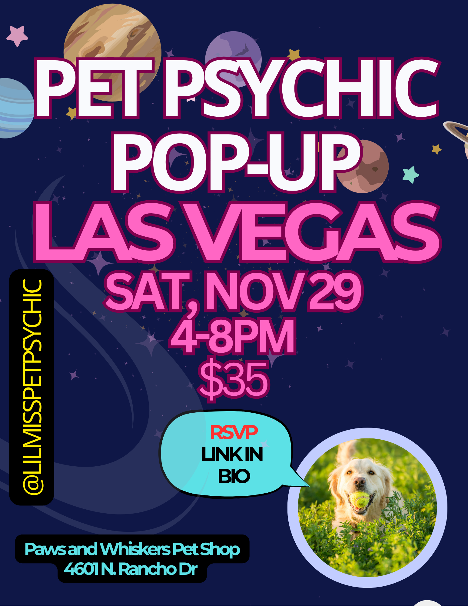🎉🐾 We’re so excited to host @LilMissPetPsychic at Paws & Whiskers Pet Shop! 🐶🐱 Ever wondered what’s going on in your pet’s mind? 👀💭 Now’s your chance to find out what your furry bestie really thinks about you, your partner, or even the neighbor’s dog! 😂  ✨ Pet Psychic Pop-Up – Las Vegas 📅 Nov 29 | 4–8 PM 📍 Paws & Whiskers Pet Shop  Ask anything — from their favorite snacks to their secret opinions about your life choices. 😜 Spots are limited, so book your session and give your pet a voice! 🐾  Visit @lilmisspetpsychic Bio to reserve your spot! Or use link below 🔗 https://newyorkdognanny.setmore.com/?instant_experiences_enabled=true
