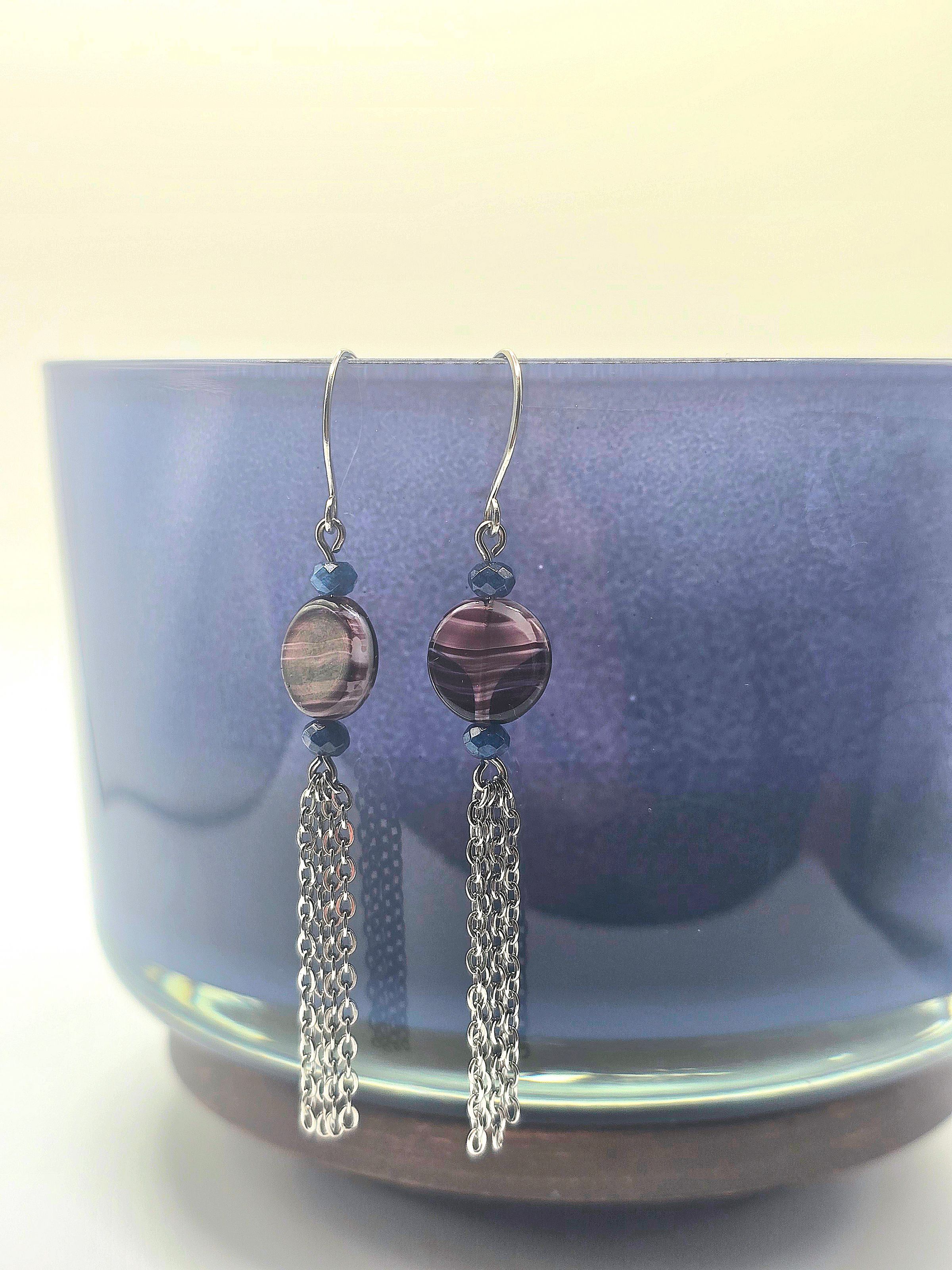  Handcrafted Copper Wire Earrings with Purple Glass Beads & Silver Plated Tassel Chains