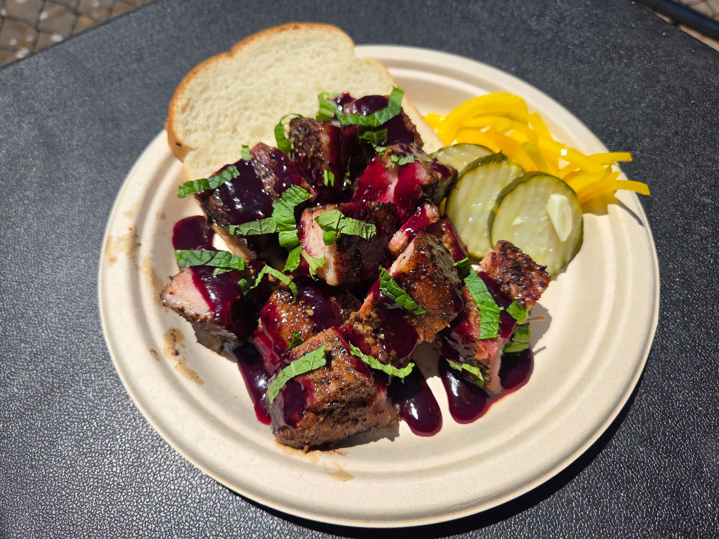 Pork Belly Bites w/ Blueberry BBQ Sauce & Mint