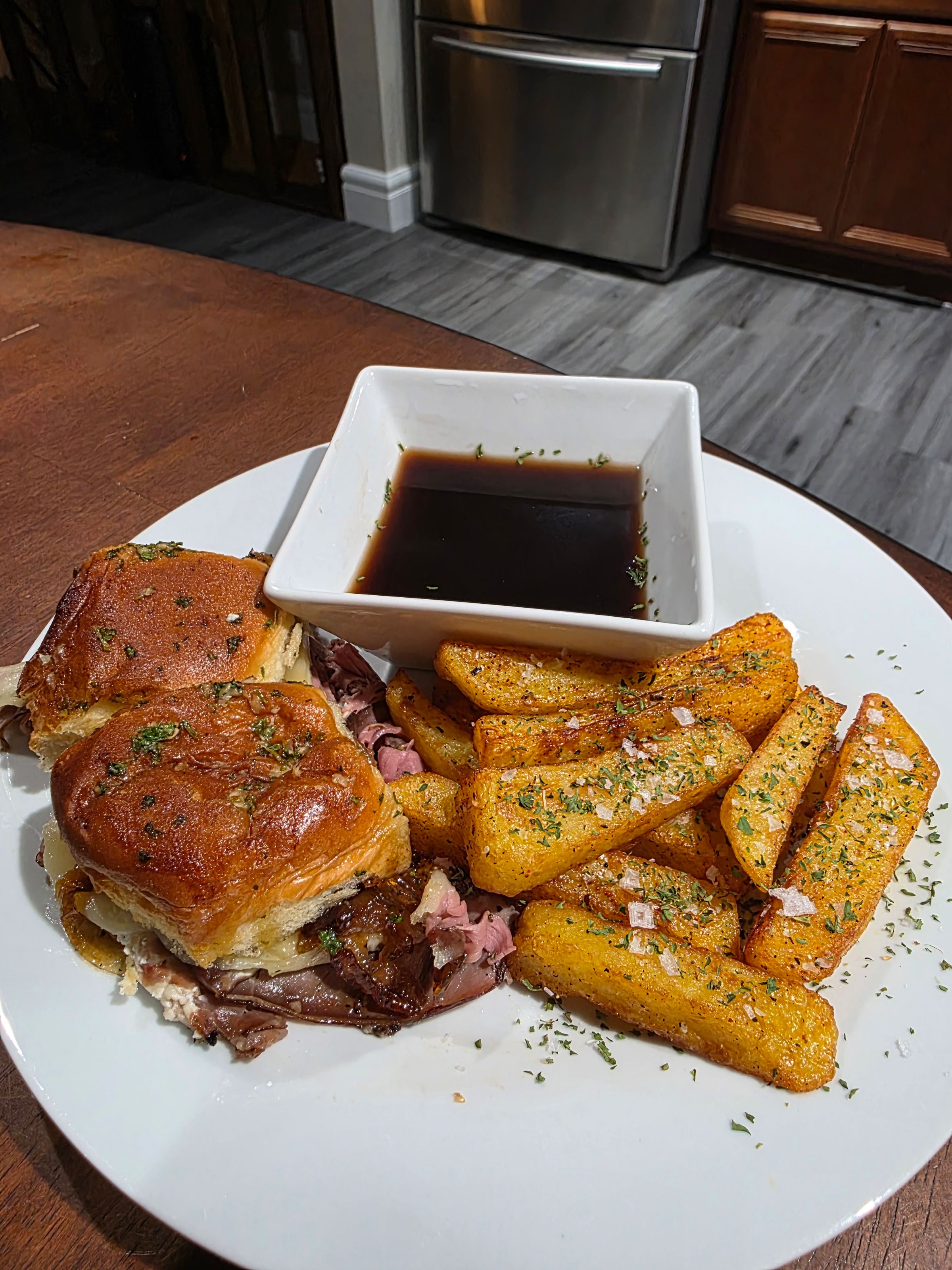 French Dip Sliders with Aus Jus Sauce and Triple Cooked Chips