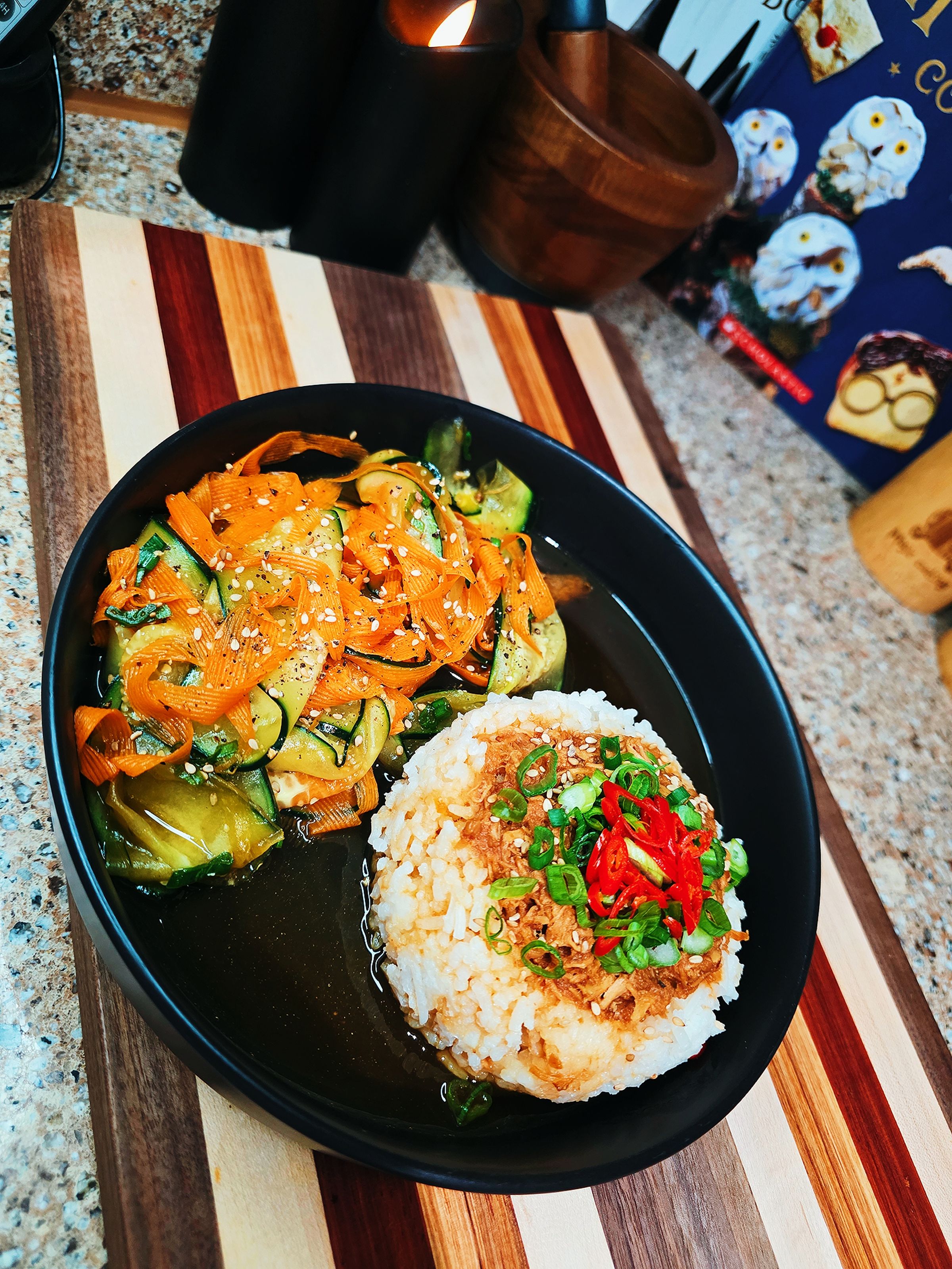 Honey Garlic Chicken with a Sesame Cucumber & Carrot Ribbon Salad