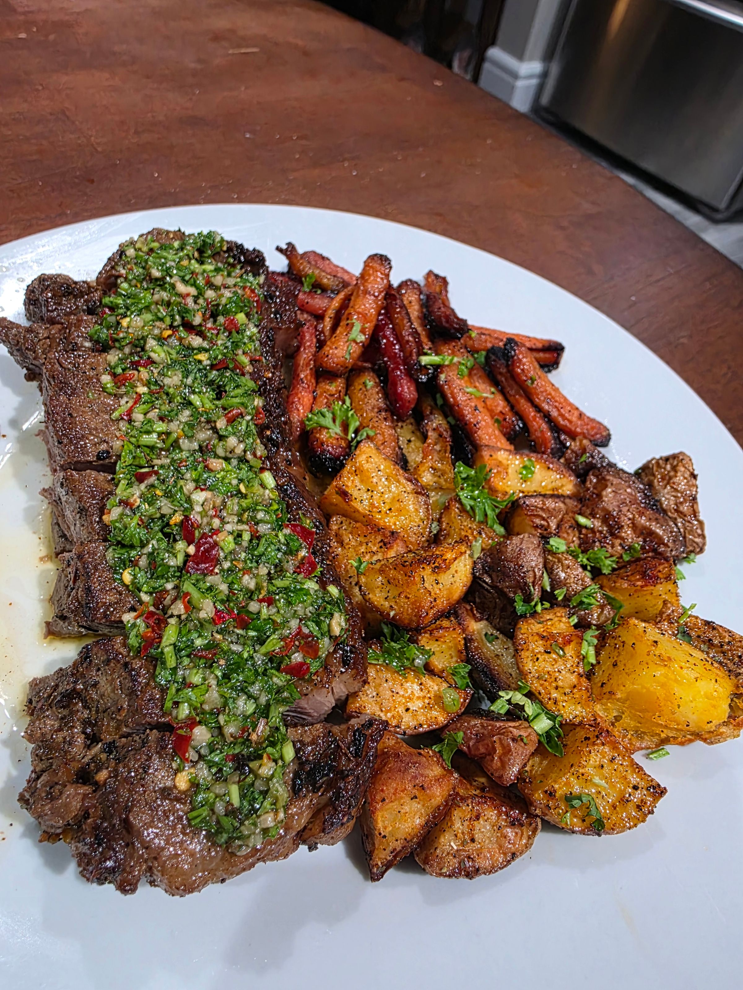 Chimichurri Steak with Roasted Potatoes and Brown Sugar Glazed Carrots