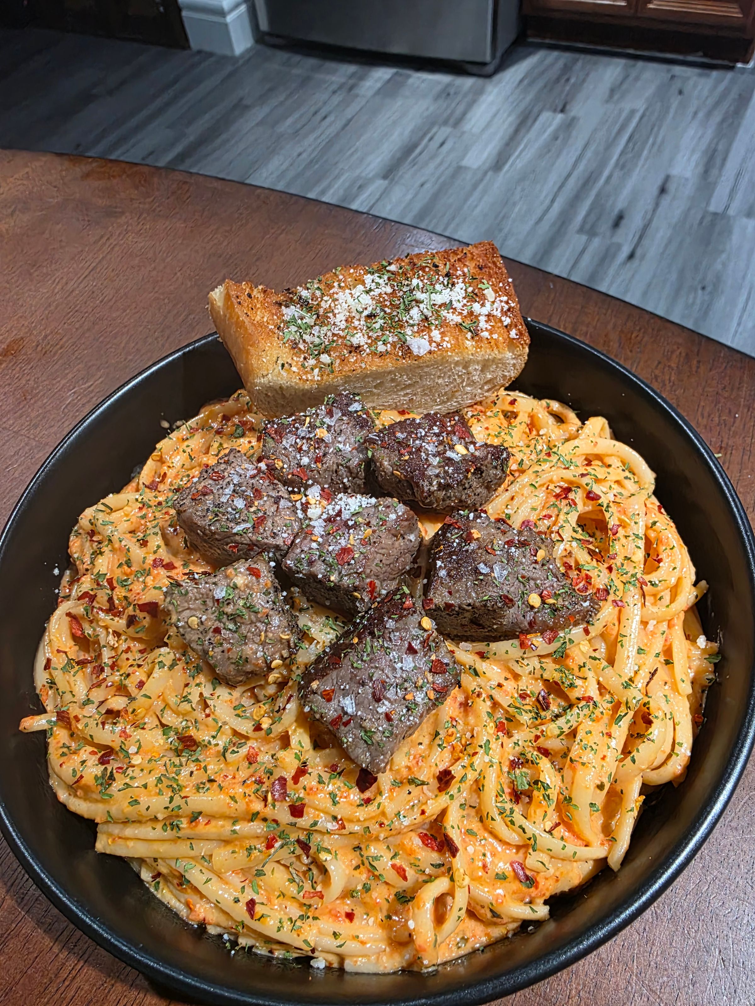 Garlic Butter Steak Bites with Roasted Red Pepper Alfredo