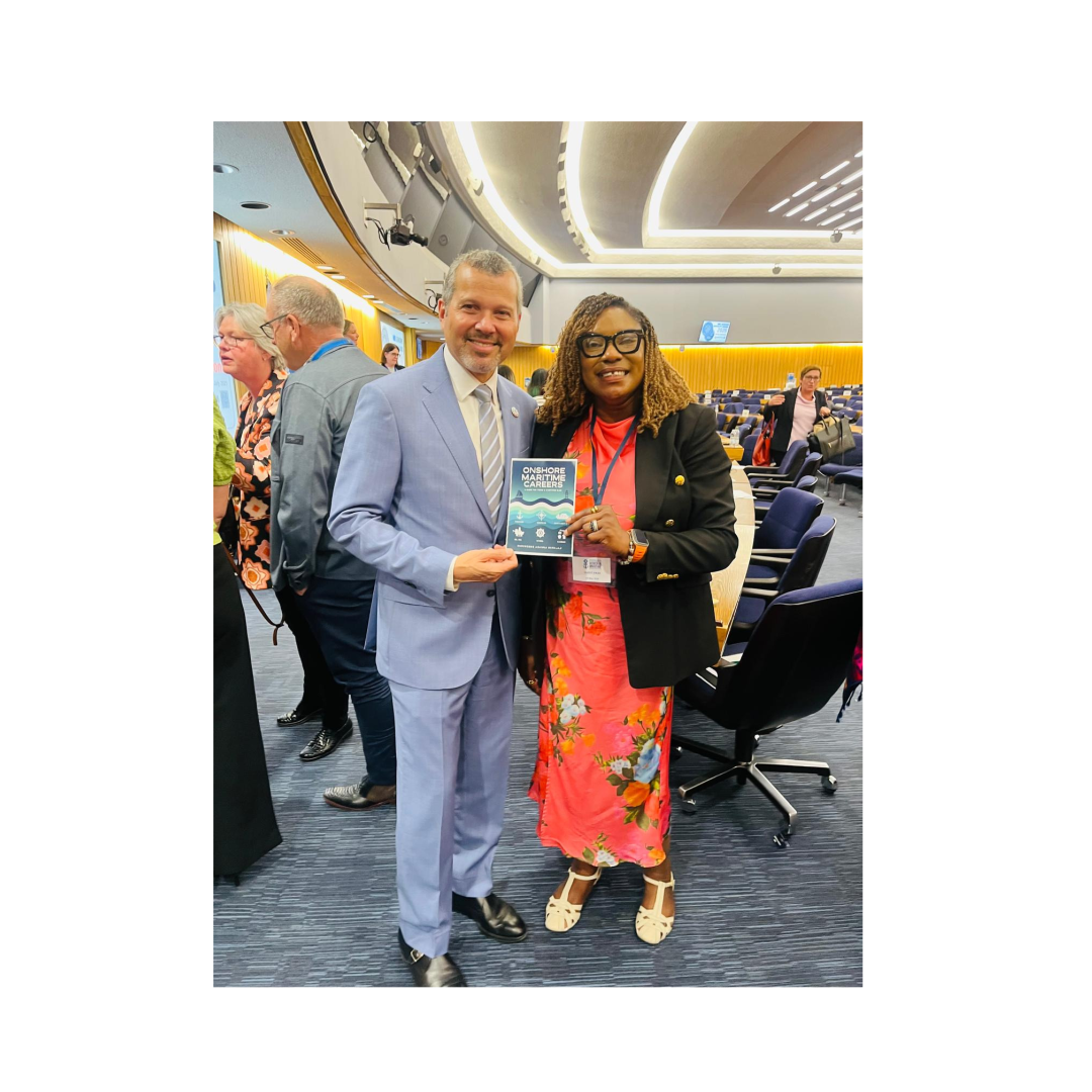 Author, Onshore Maritime Careers, A Guide for Teens and Everyone Else. Photo: Founder Bollard Maritime Uk Limited, Chinweoke A. Okpalaji and the Secretary General of the International Maritime Organisation, Arsenio Dominguez