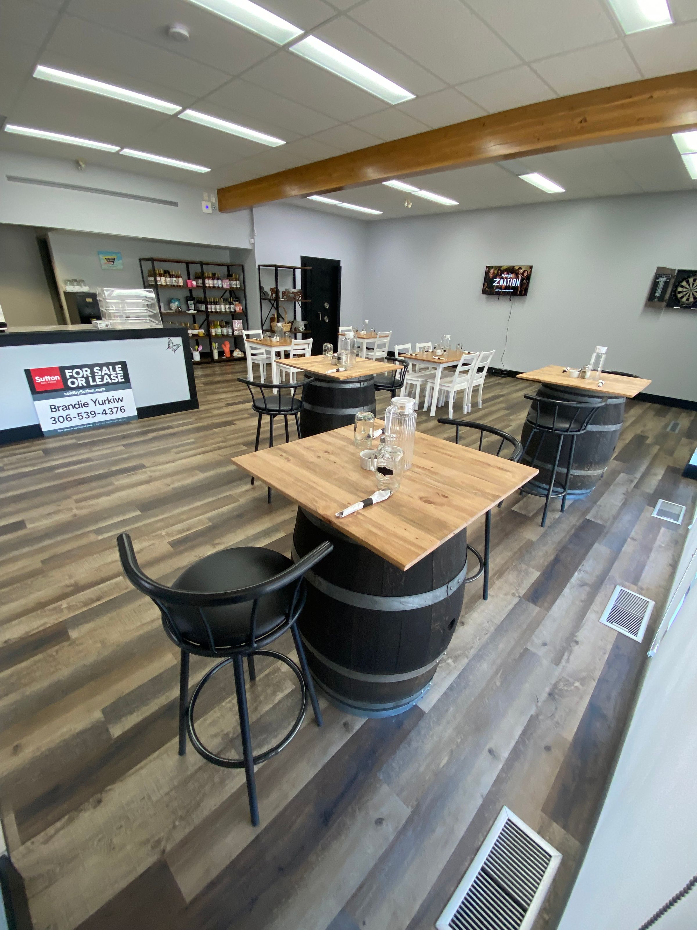 Coffee shop remodel/staging/handmade barrel tables