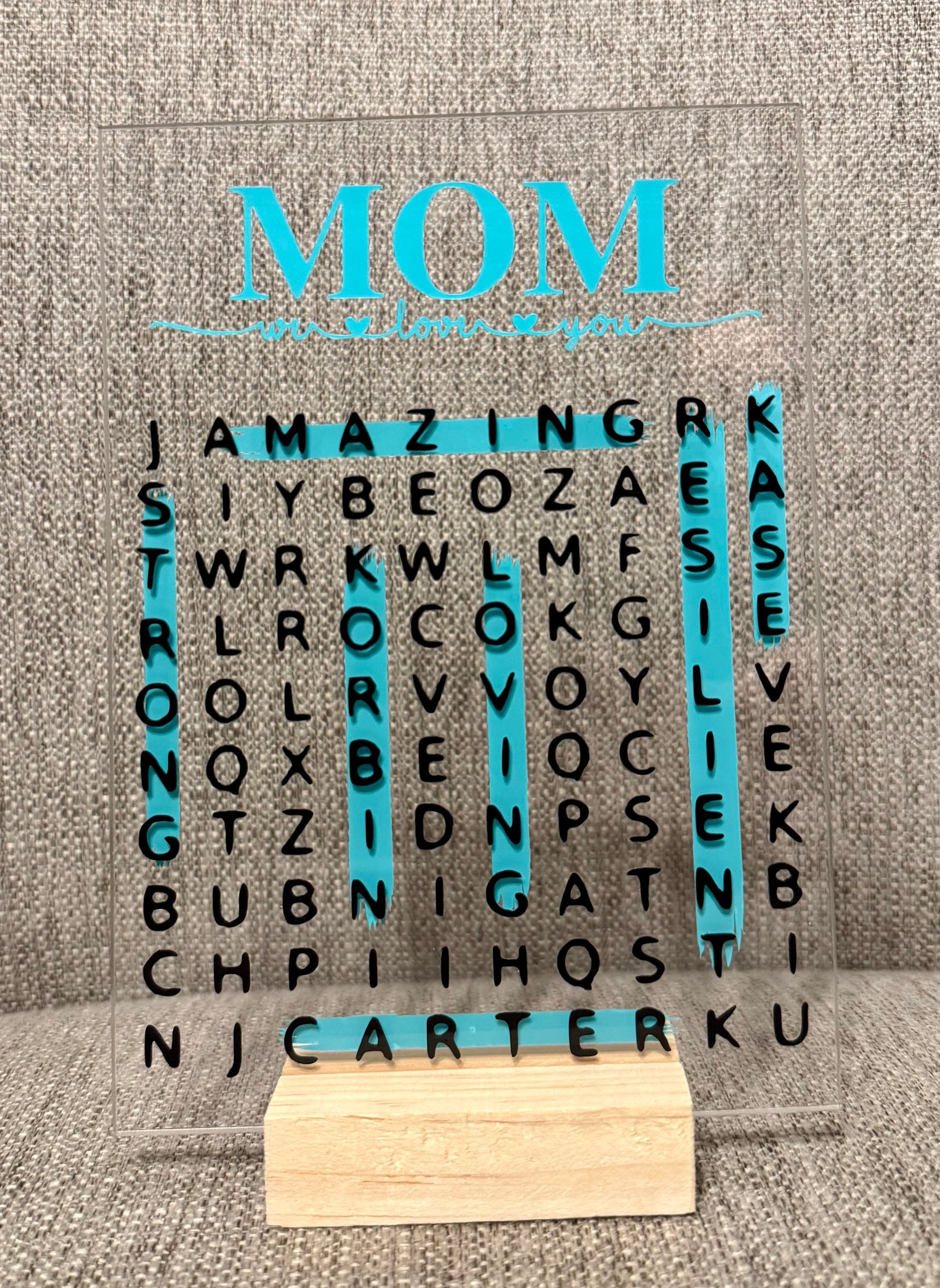 Acrylic Word Search with wooden base. Custom words and names of your choice, multiple color options available.