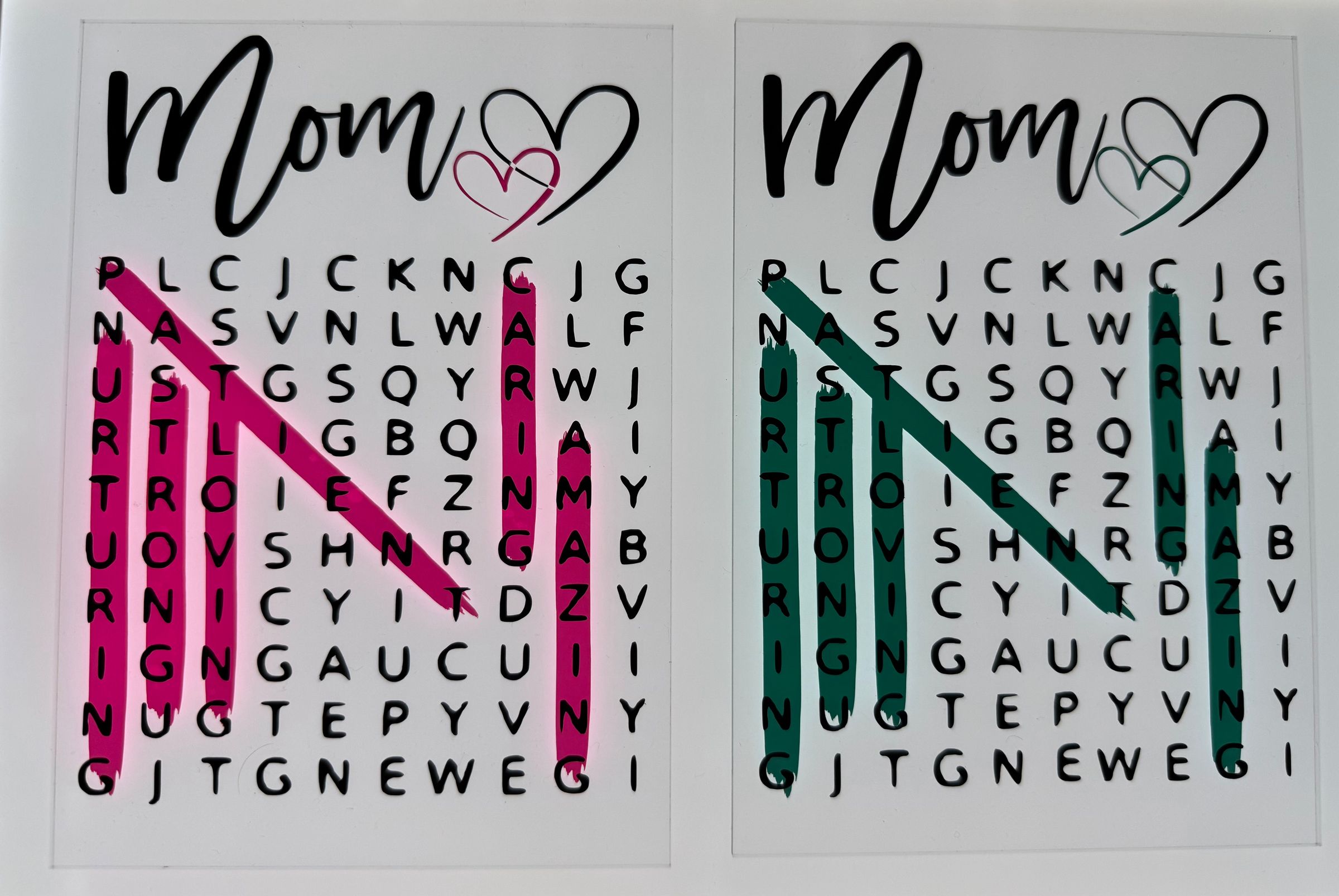 Clear acrylic word search with wooden base. Colors can be chosen upon ordering.