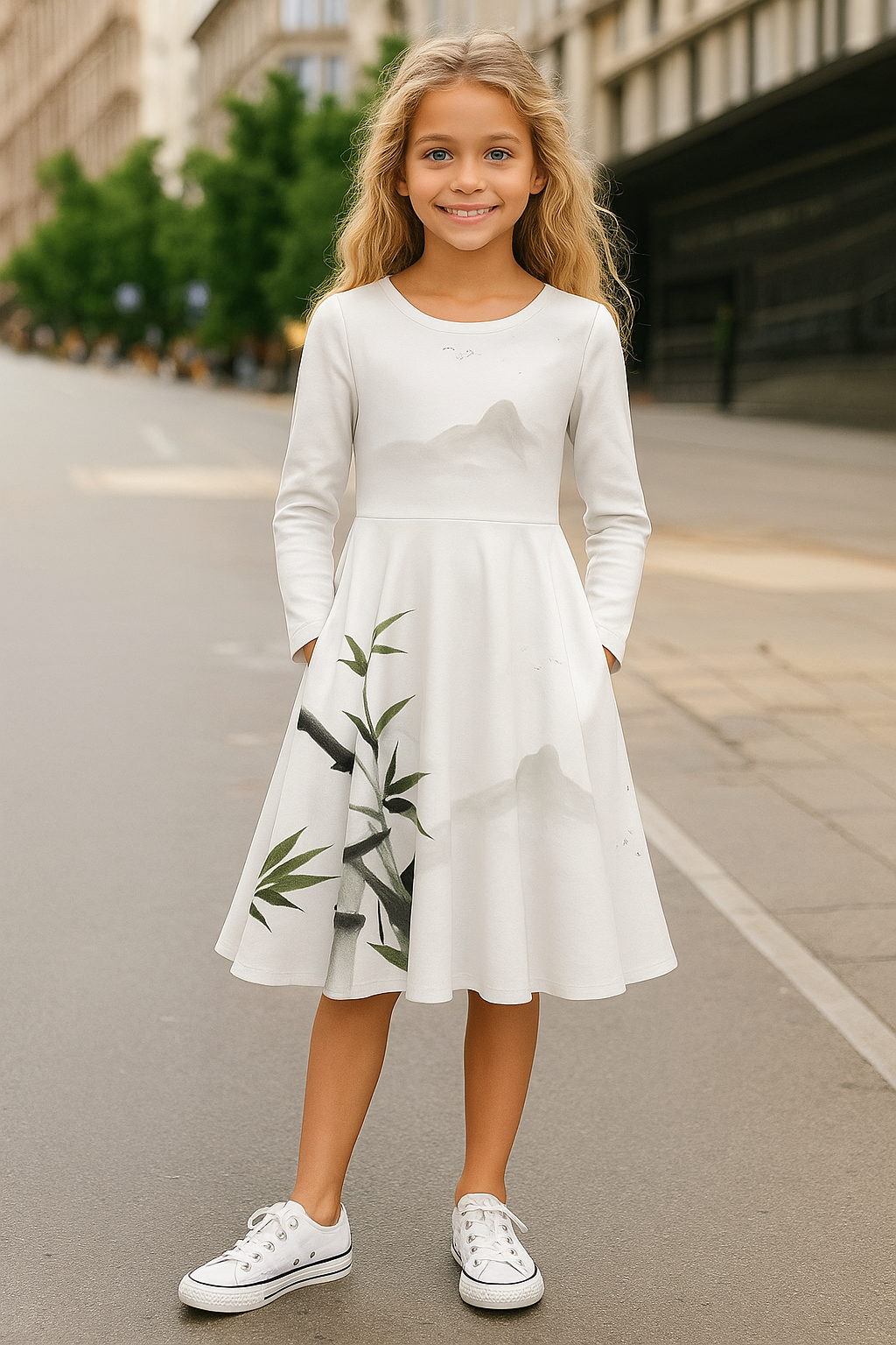 Luxury Girls Long Sleeve Twirl Dress – Premium Jersey Crew Neck Dress for Girls – Boutique Kidswear