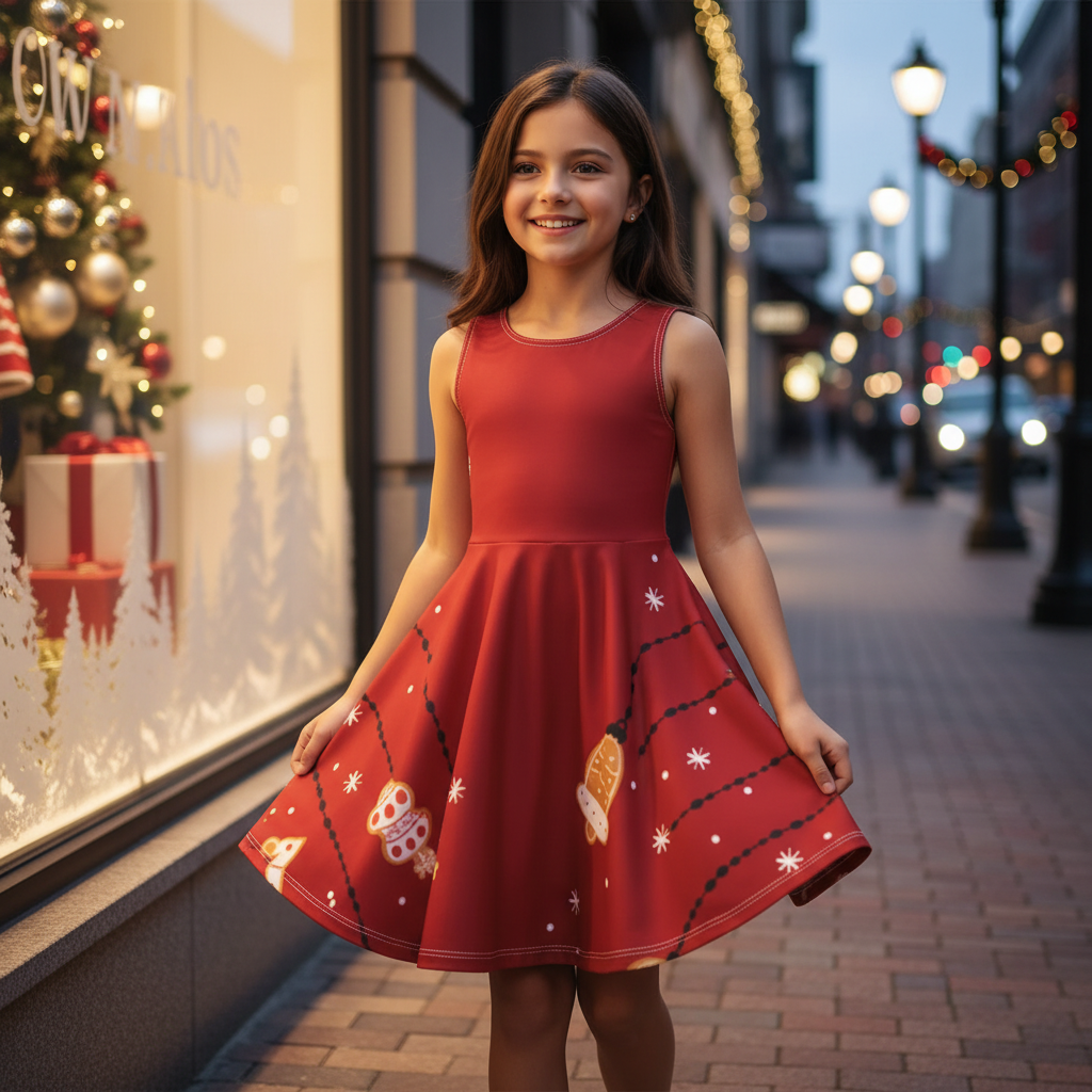 Holiday Luxury Girls Vest Dress – Festive Sleeveless Twirl Silhouette in Ultra-Soft Jersey