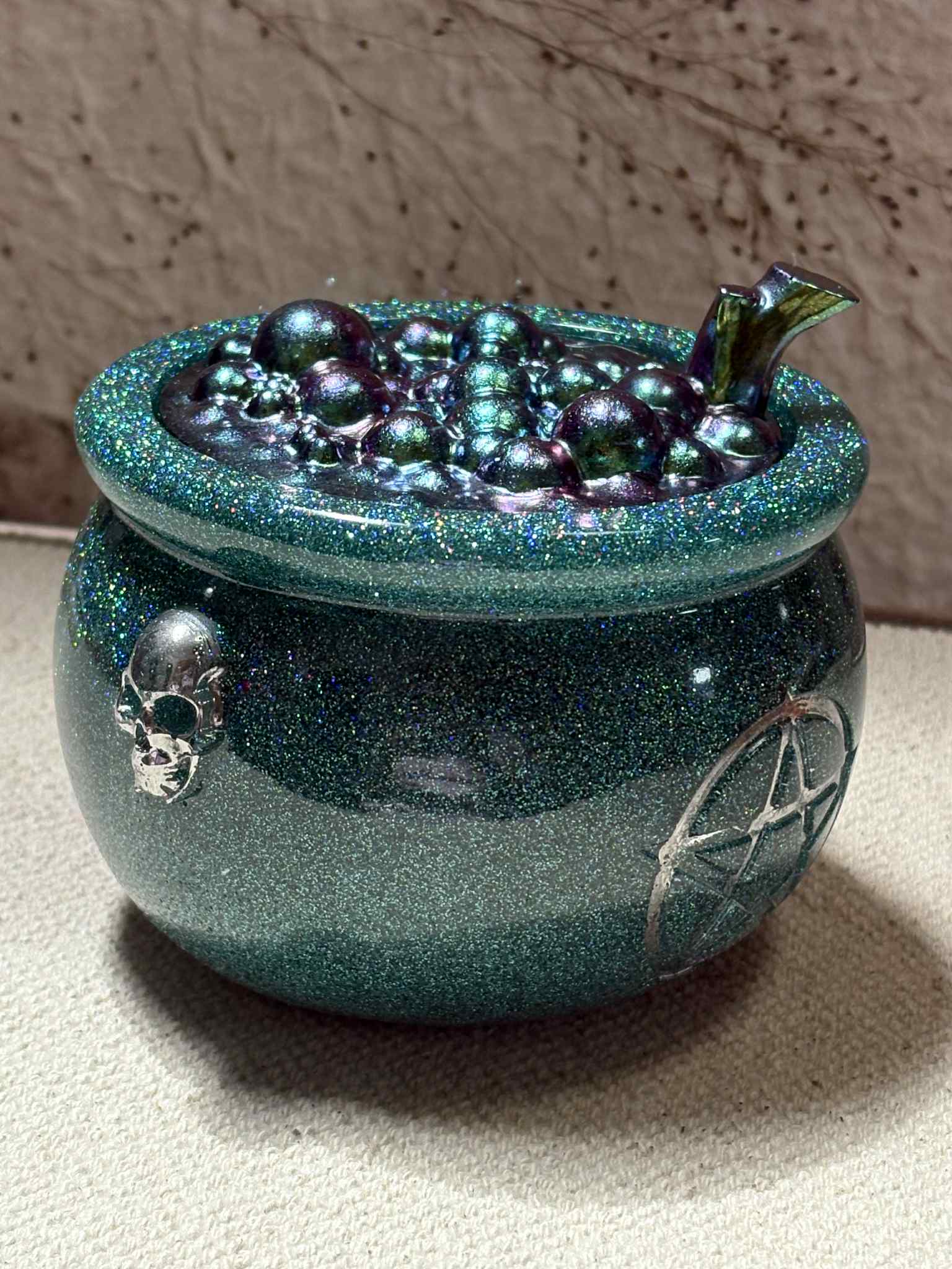 The cauldron witchy box is a compact storage solution designed for mystical items and witchcraft essentials. Its enchanting design makes it ideal for holding small tools, crystals, or other magical treasures. $22.00