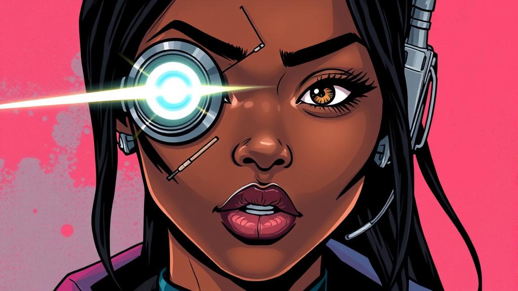 Target: Age 18. Height 5.10 inch. Weight 136 lb. Power level 4, but her laser and bolt shots are a 7-8. She weilds an electric bowshot and is a very skilled hunter. She lost part of the left side of her face and eye hunting a feirce beast in her jungle village of Vistial. She was rescued and had her face and eye reconstructed. Her laser eye when merged with celestial metal can cause a very powerful laser blast. When her bowshot is enhanced with celestial metal, her electric shots turn into bolt shots of lightning. 