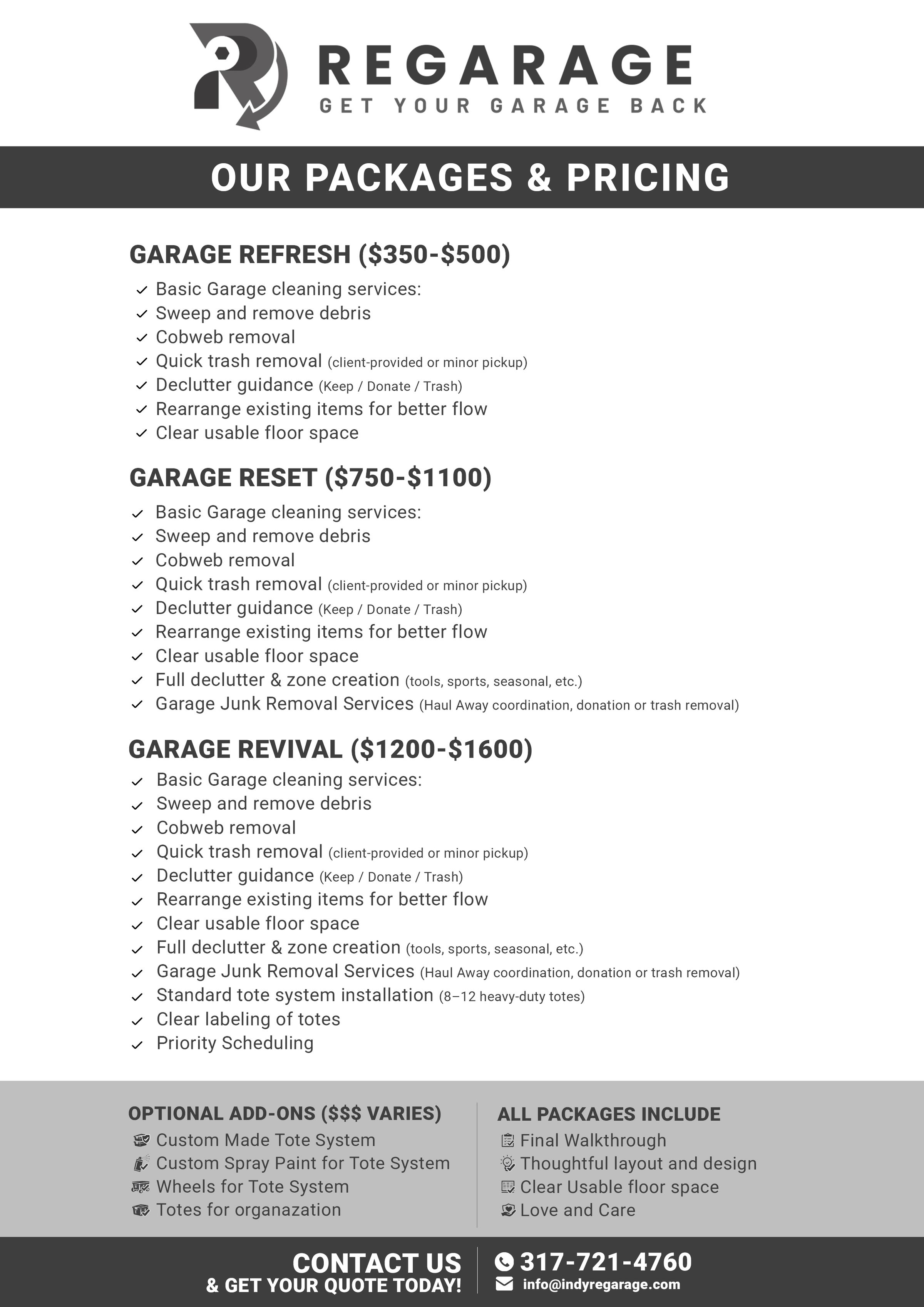 ReGarage Pricing + Packages