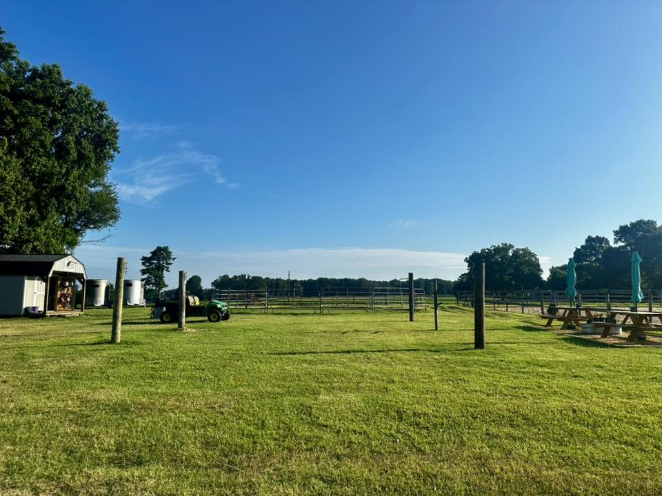 Tie Posts, picnic tables, round pen, tack barn