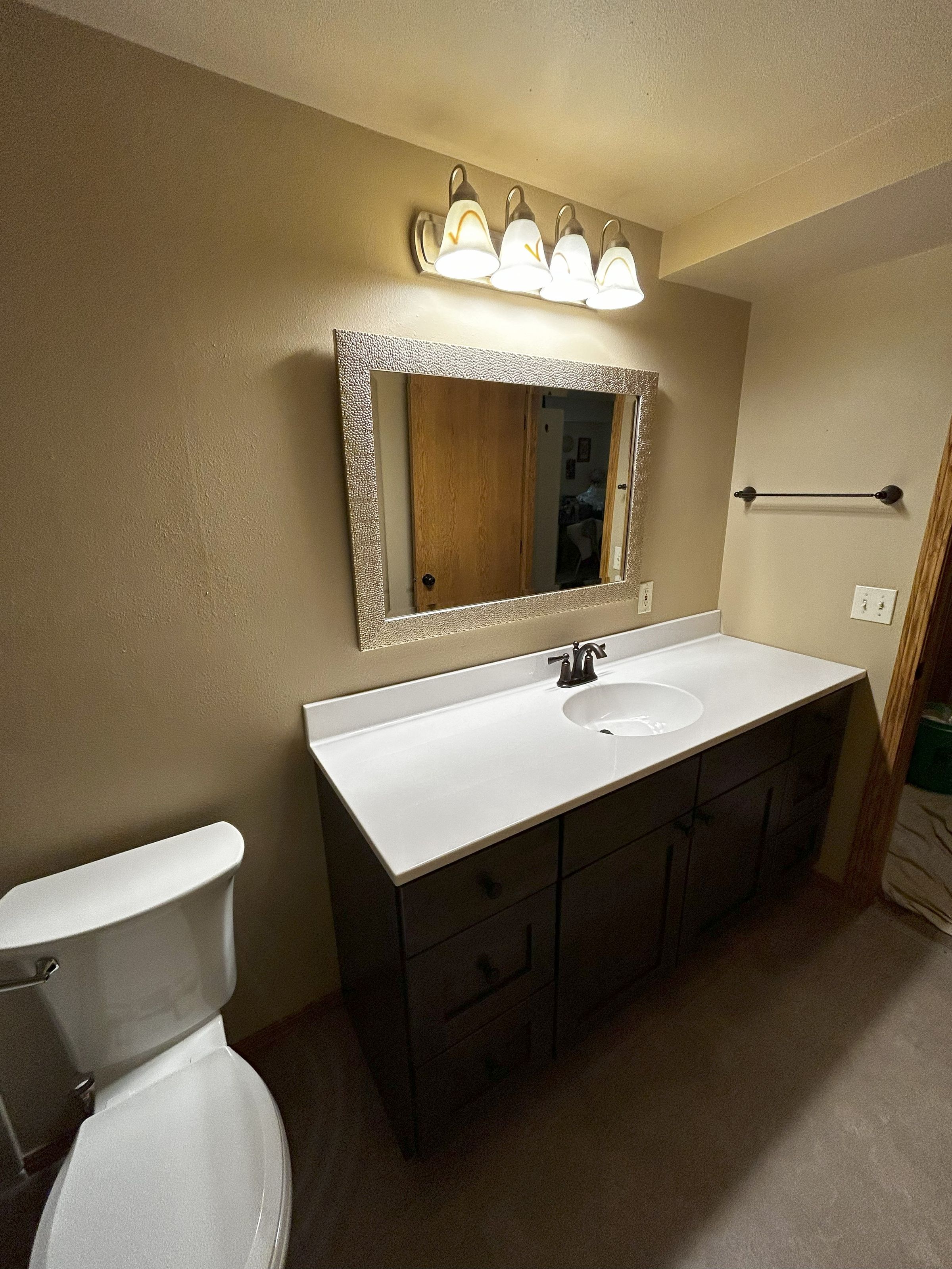 Updated vanity, countertop,toilet, mirror & light fixture 