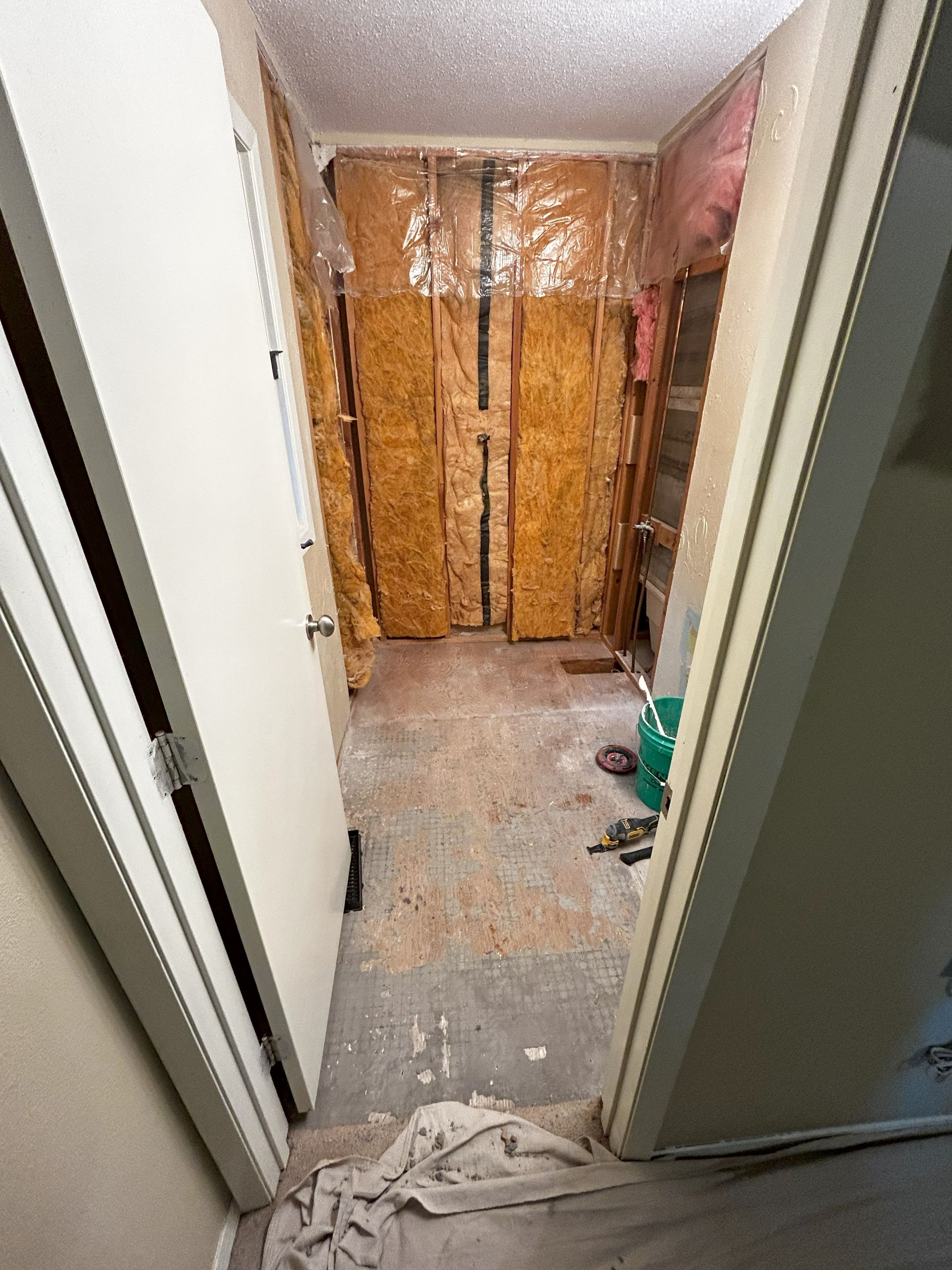 Demo of flooring, shower area, toilet and vanity space 