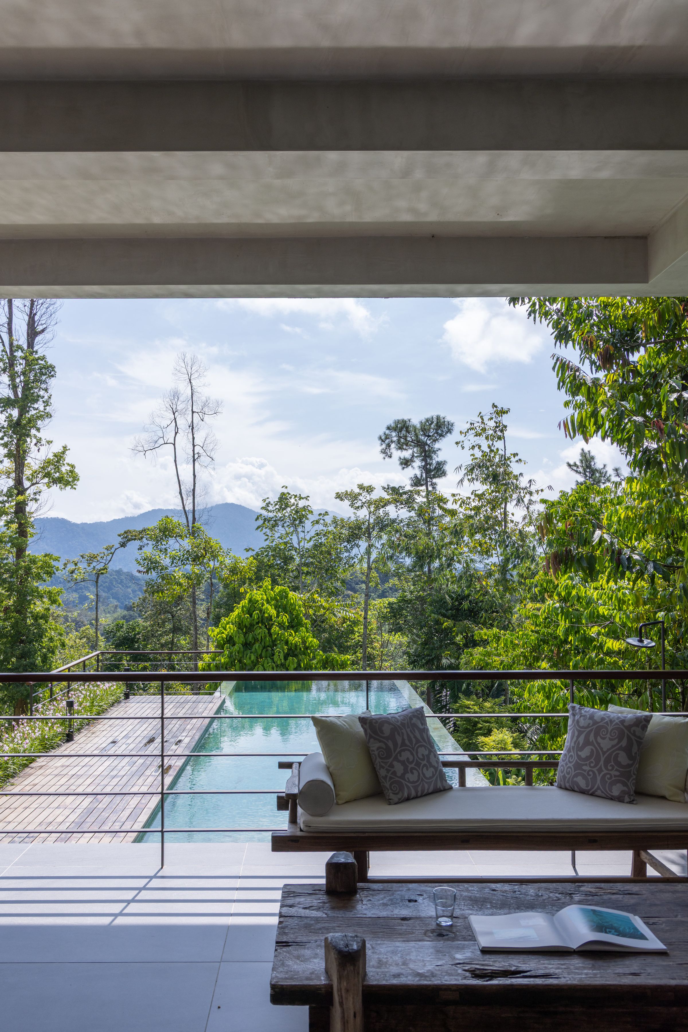 SereneNest wellness retreat villa in Janda Baik under deep blue evening light