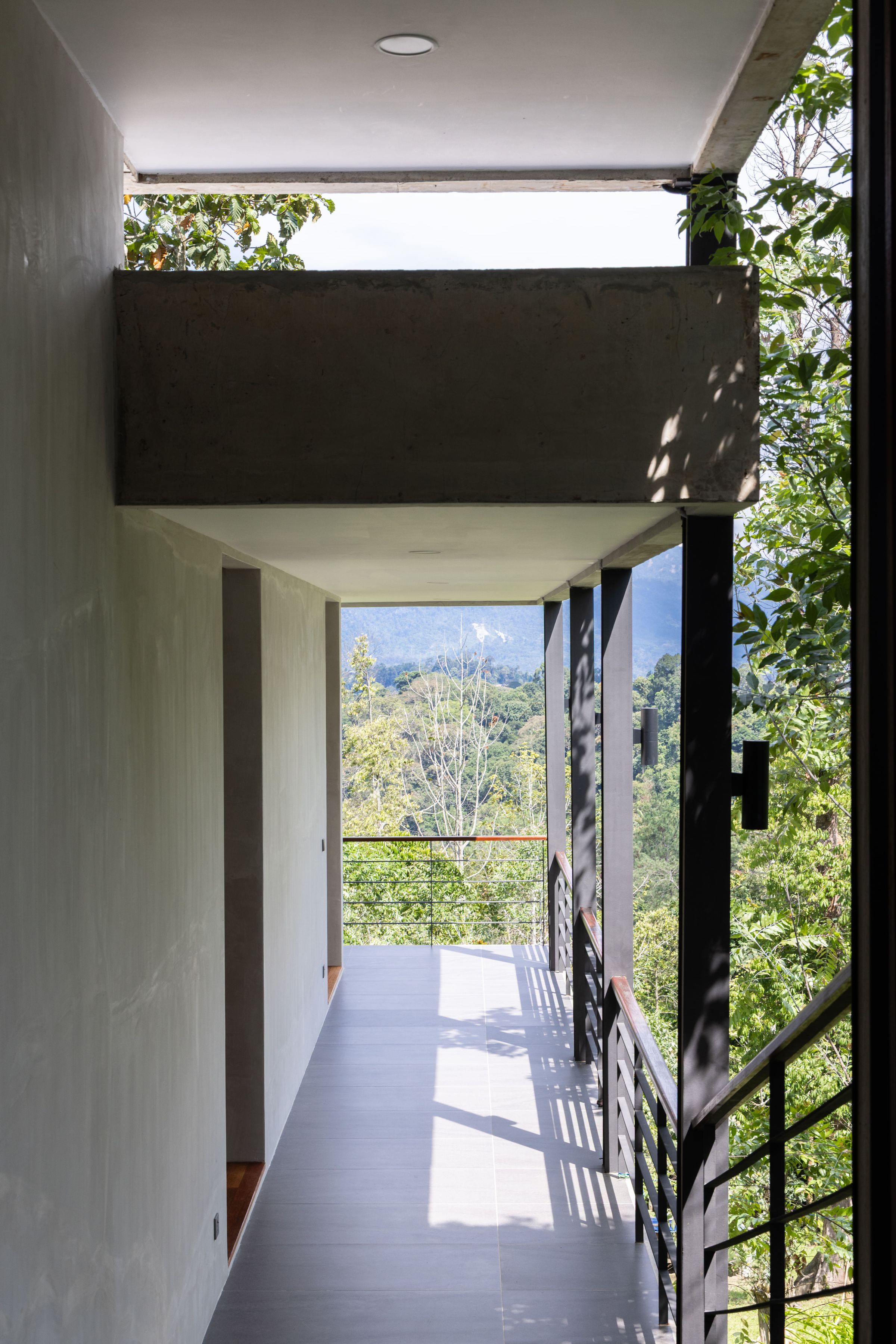 Concrete-walled corridor at SereneNest opening to a bright view of the forest