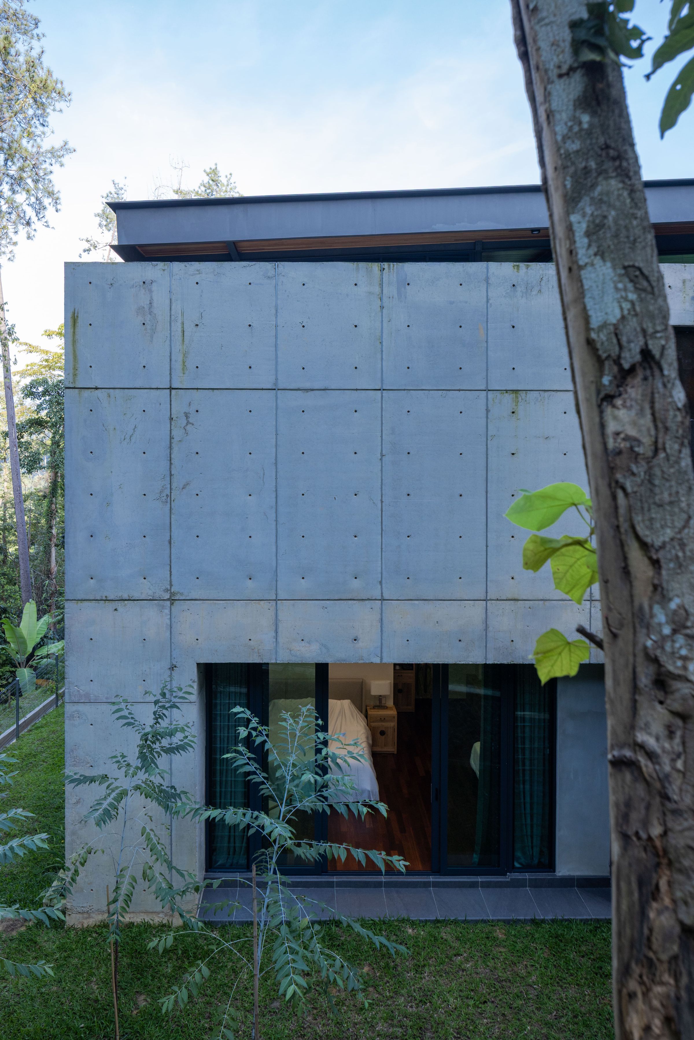 Concrete villa block at SereneNest beside a young tree, set against the forest