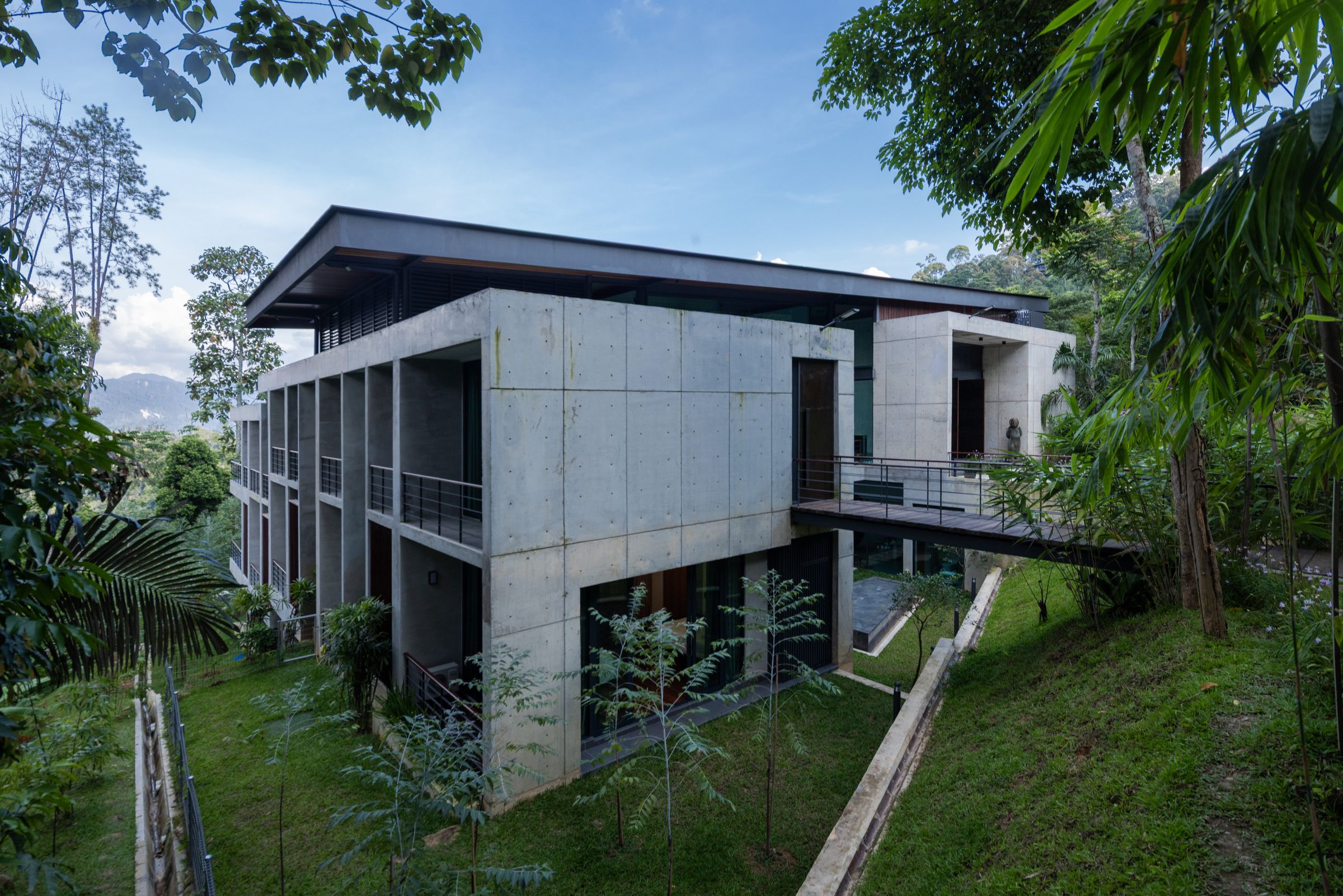 Hillside view of the SereneNest villa stepping down through the rainforest
