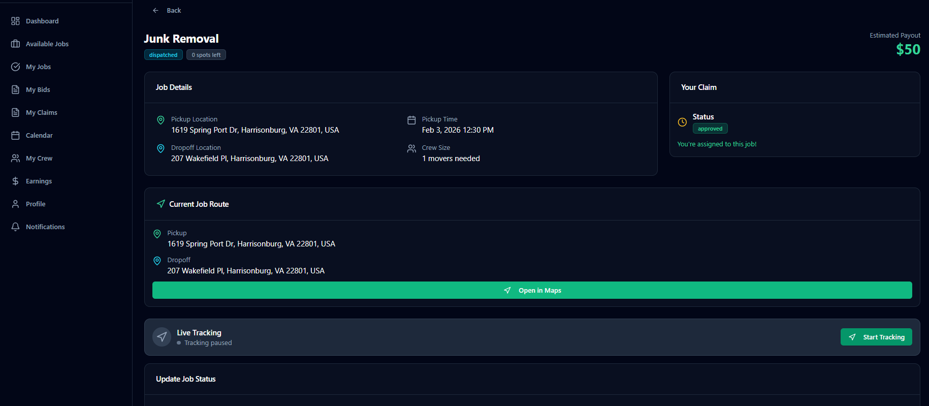 RouteForge Mover Dashboard 
