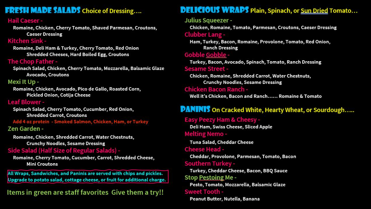Salads, Wraps, Paninis
