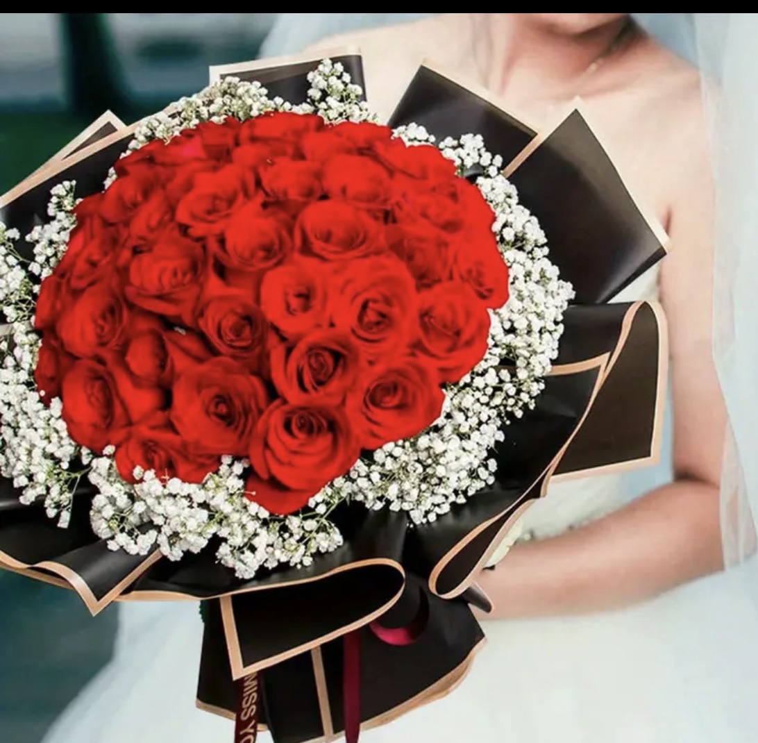 Red Roses and Artificial Breath Flowers