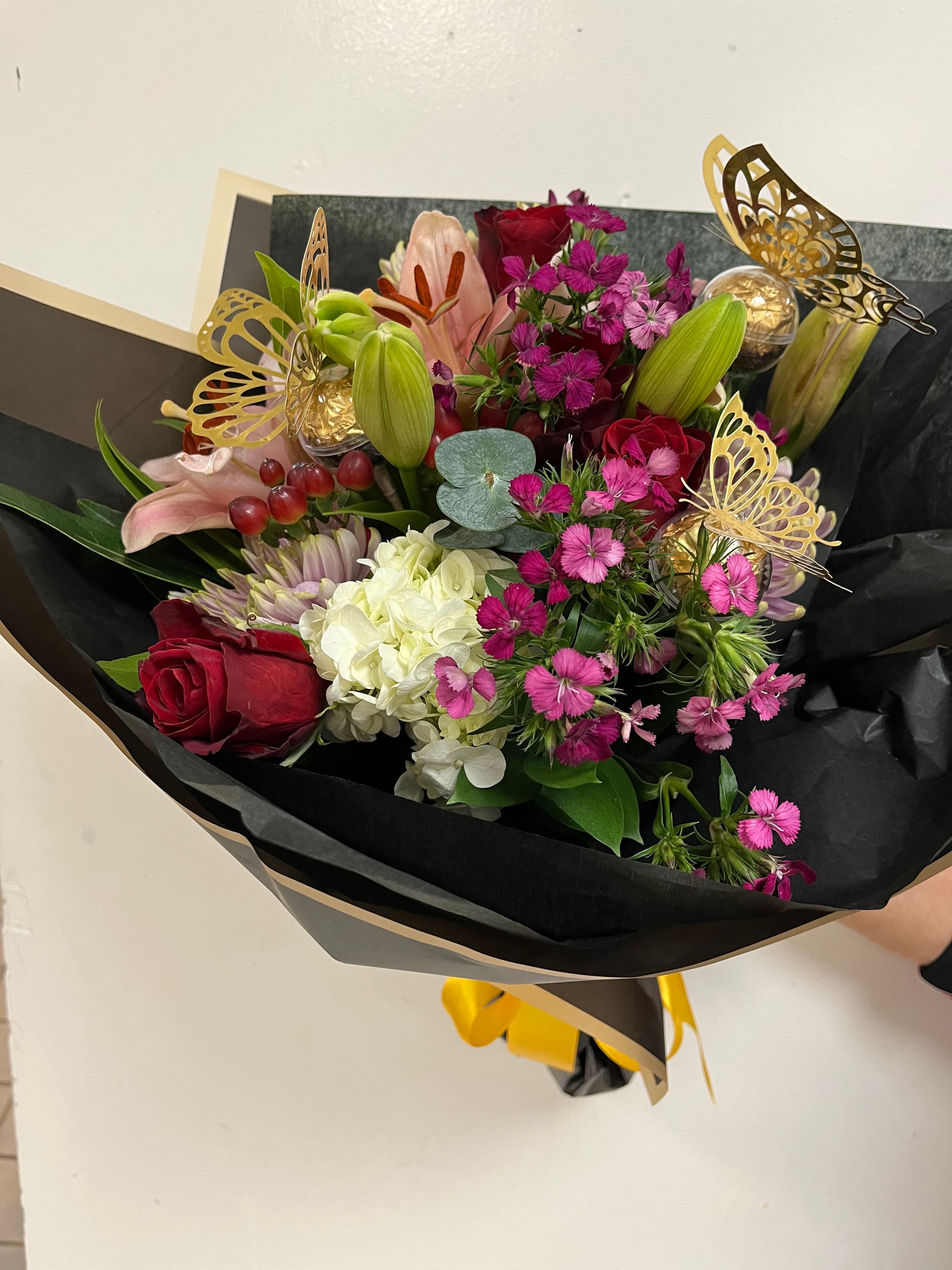 Mixed Flowers and Hazelnut Ferrero Rochers with Foil Butterflies